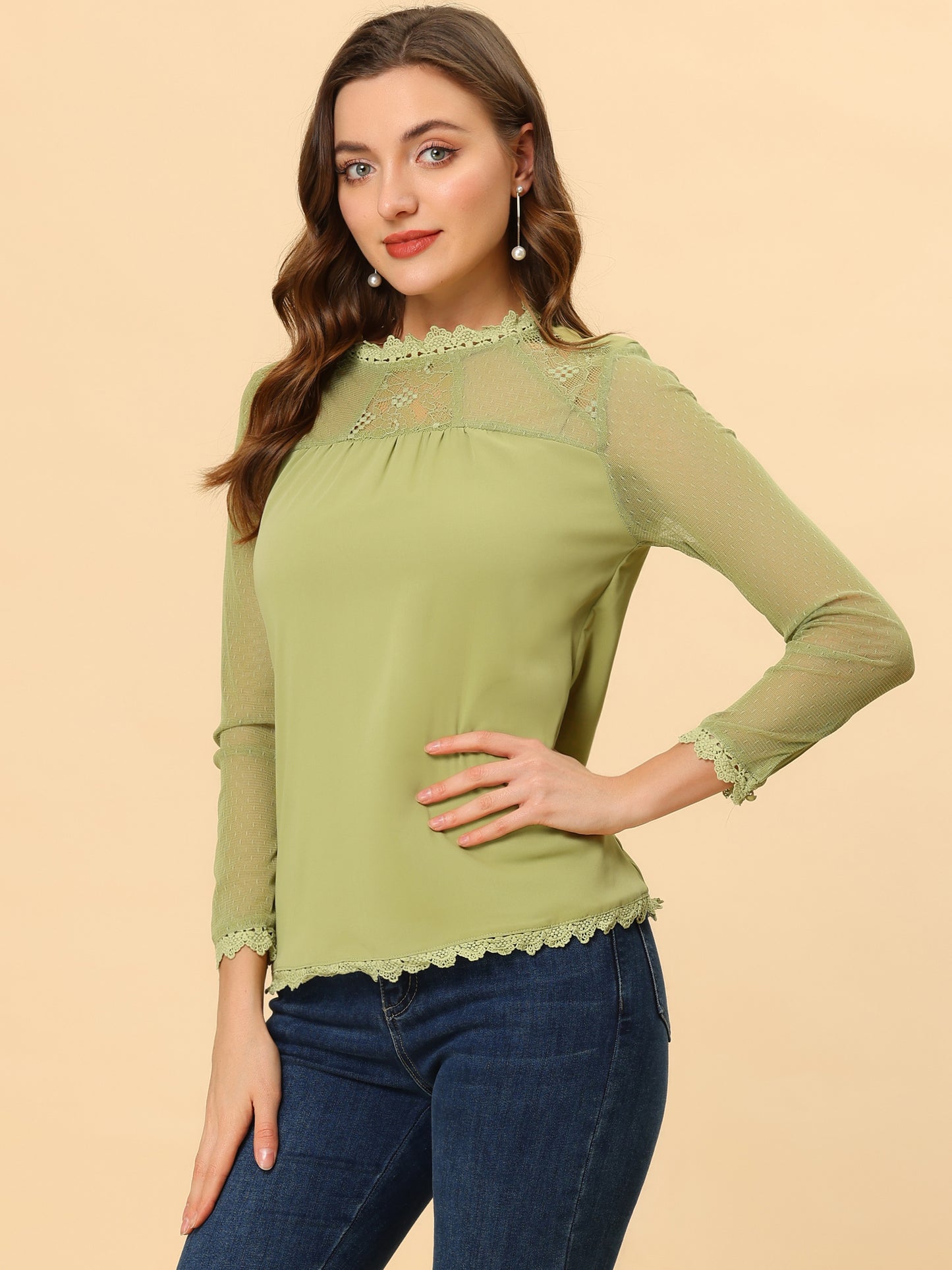 Women's Chiffon Top Elegant Sheer Mesh Lace Long Sleeve Blouse