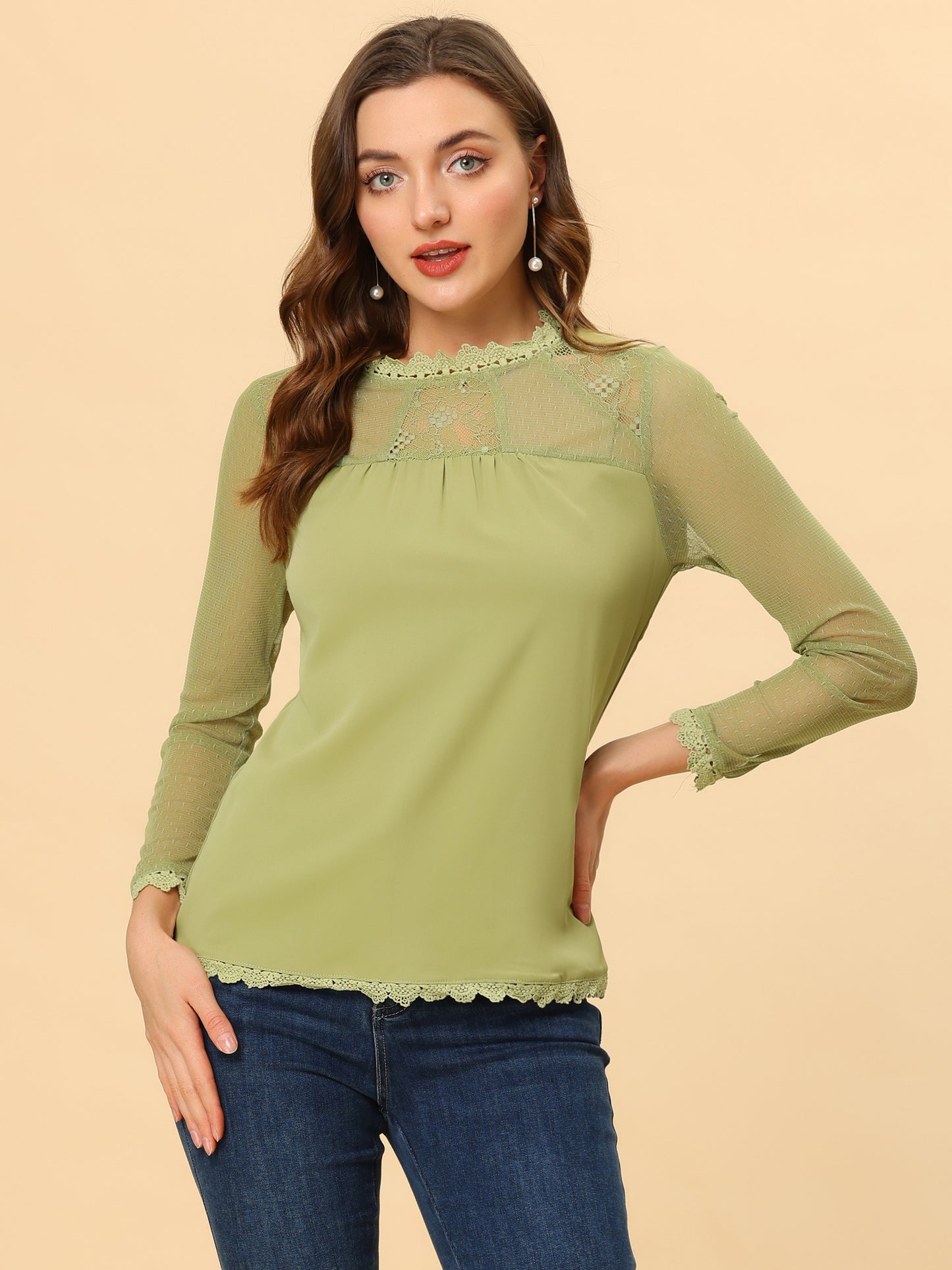 Women's Chiffon Top Elegant Sheer Mesh Lace Long Sleeve Blouse