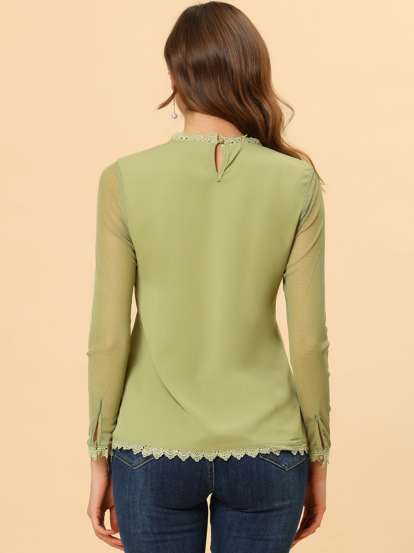 Women's Chiffon Top Elegant Sheer Mesh Lace Long Sleeve Blouse