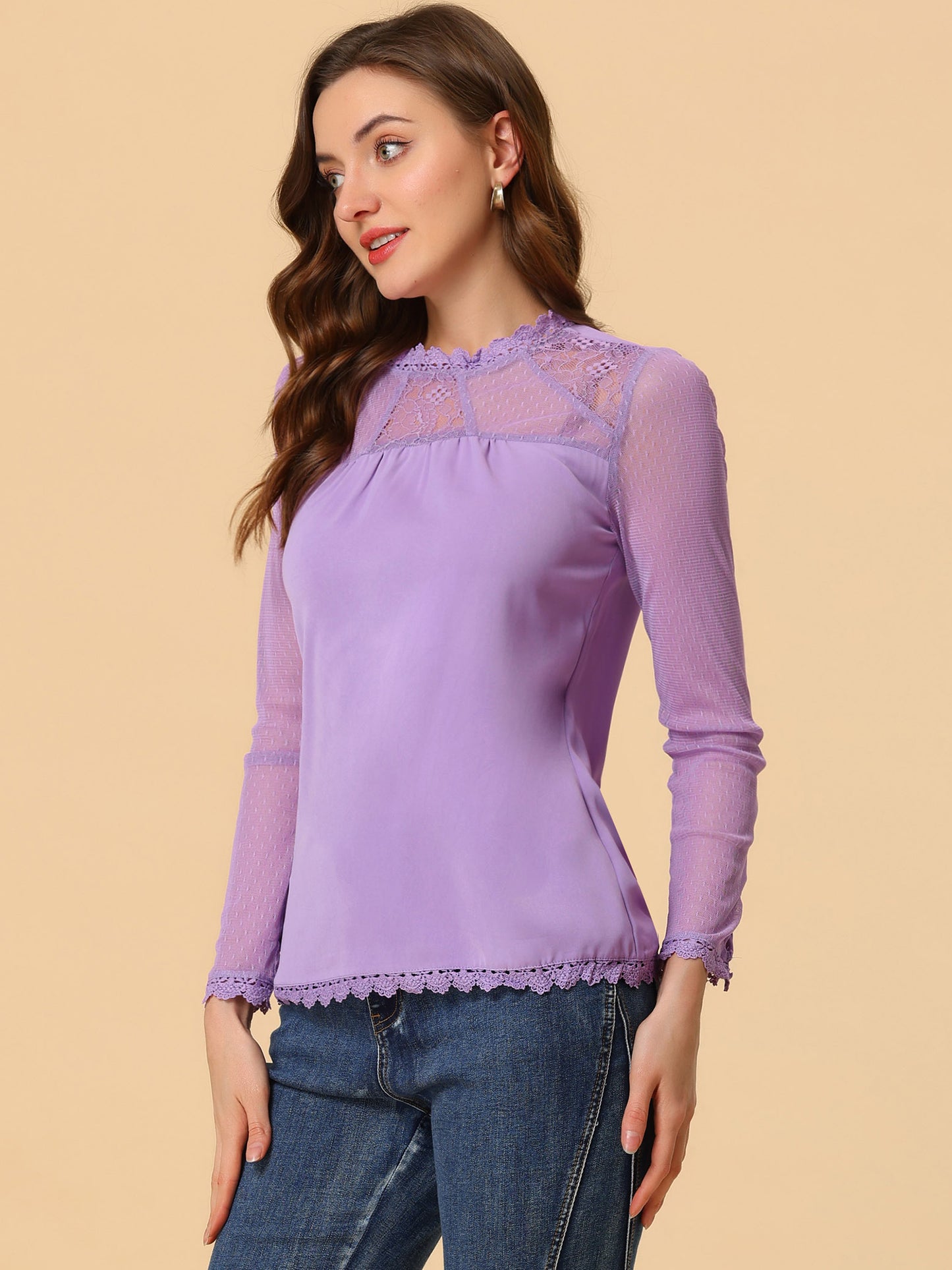 Women's Chiffon Top Elegant Sheer Mesh Lace Long Sleeve Blouse