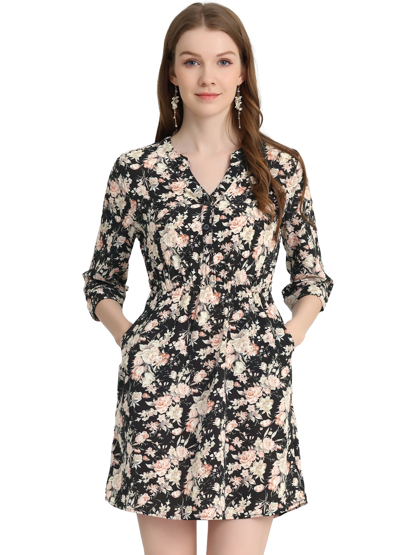 Women's Button-Up V Neck 3/4 Sleeves Floral Shirt Dress with Pockets