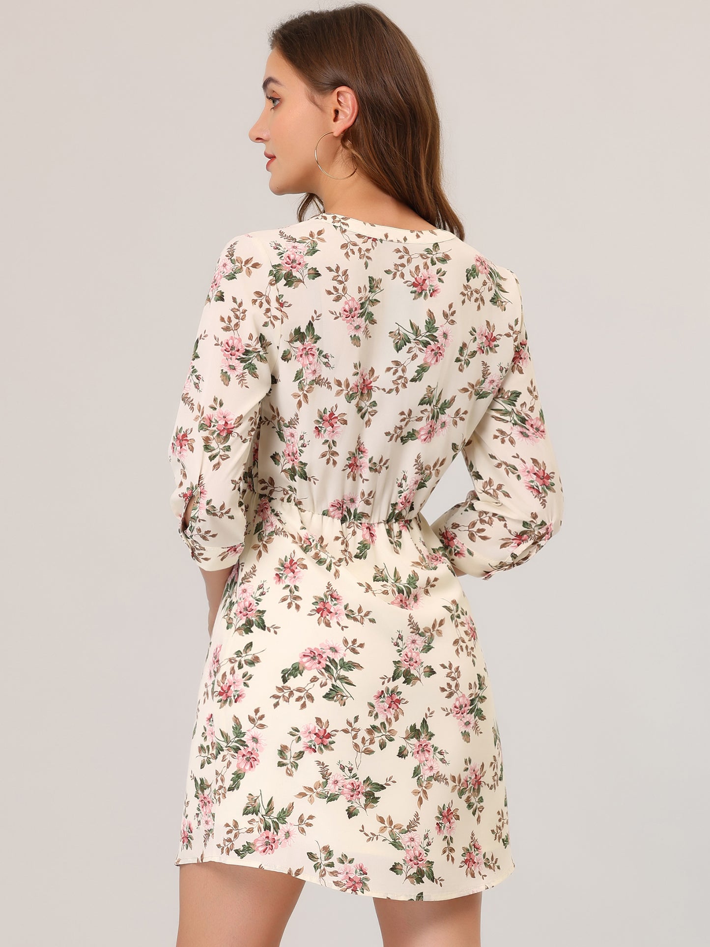 Women's Button-Up V Neck 3/4 Sleeves Floral Shirt Dress with Pockets