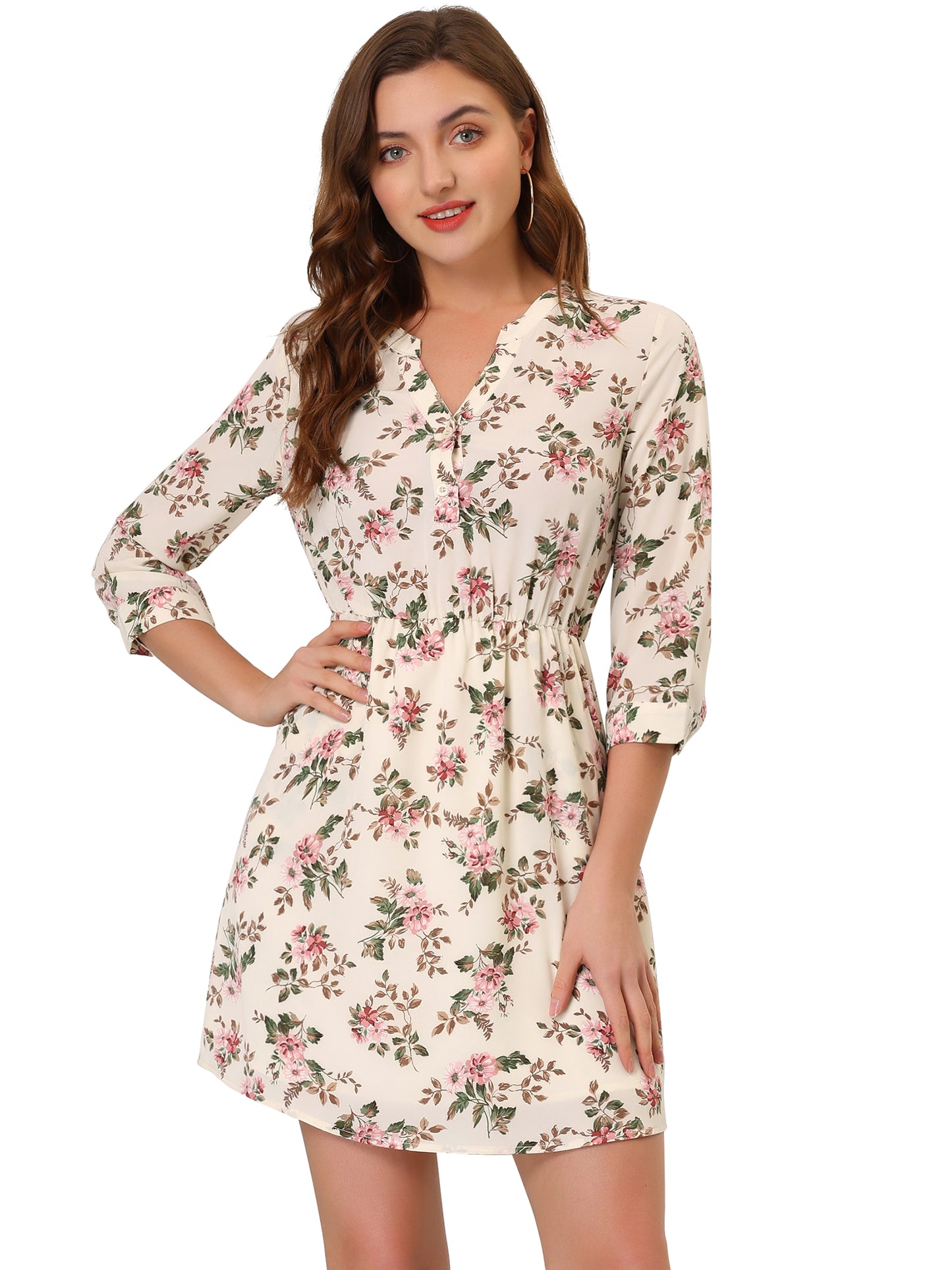 Women's Button-Up V Neck 3/4 Sleeves Floral Shirt Dress with Pockets