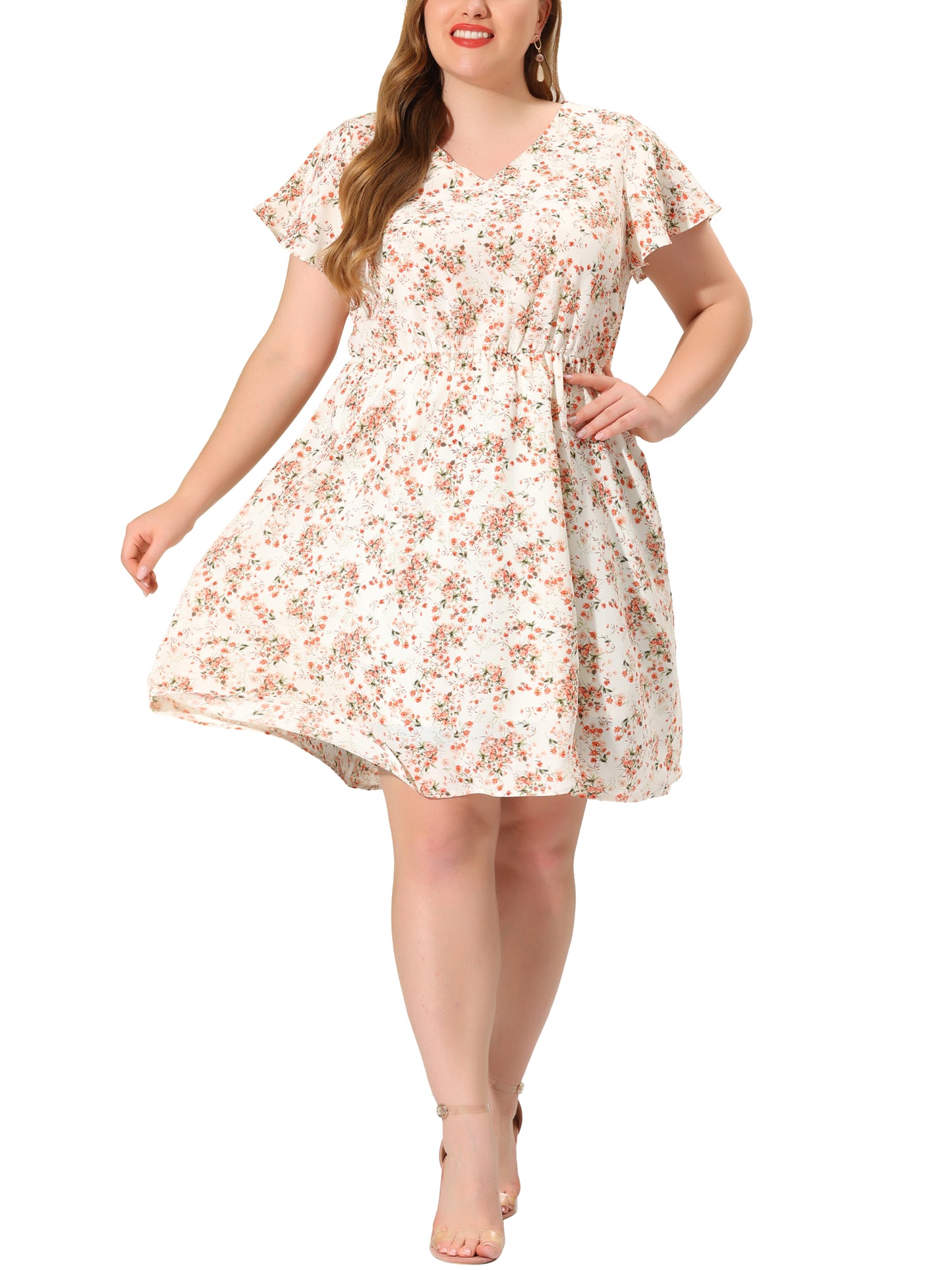 Women Plus Size Summer V Neck Flare Sleeve Sundress Peplum Midi Ruffle Dress