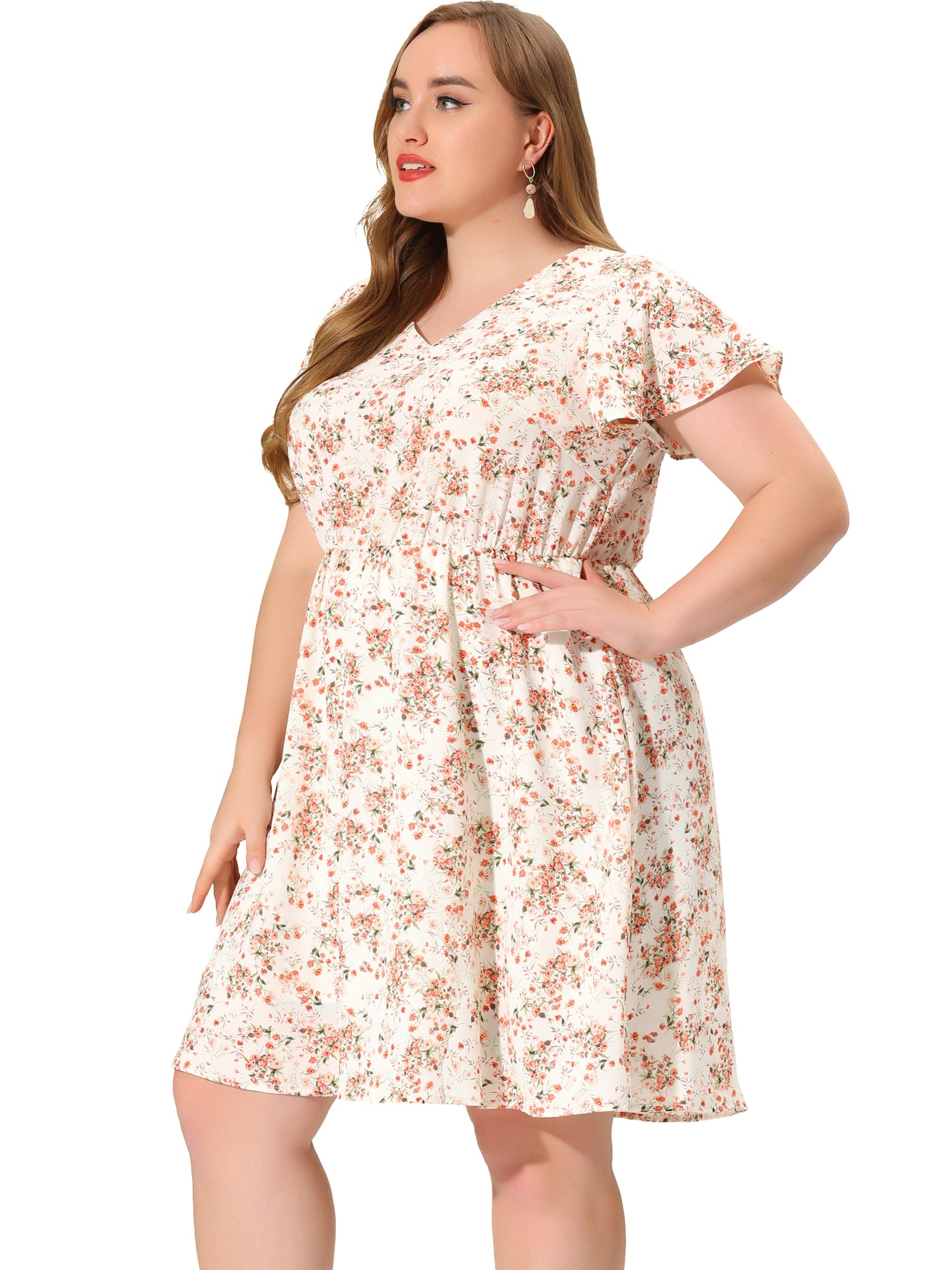 Women Plus Size Summer V Neck Flare Sleeve Sundress Peplum Midi Ruffle Dress