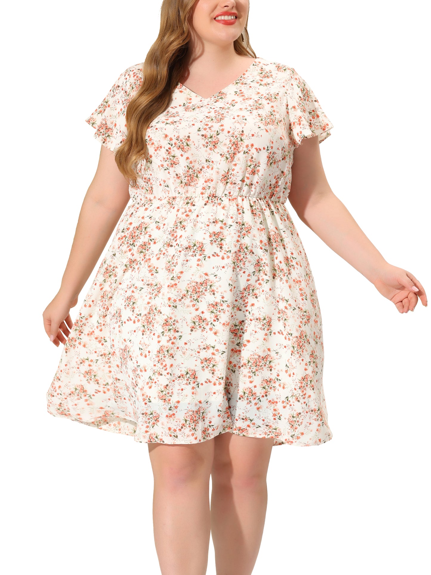 Women Plus Size Summer V Neck Flare Sleeve Sundress Peplum Midi Ruffle Dress