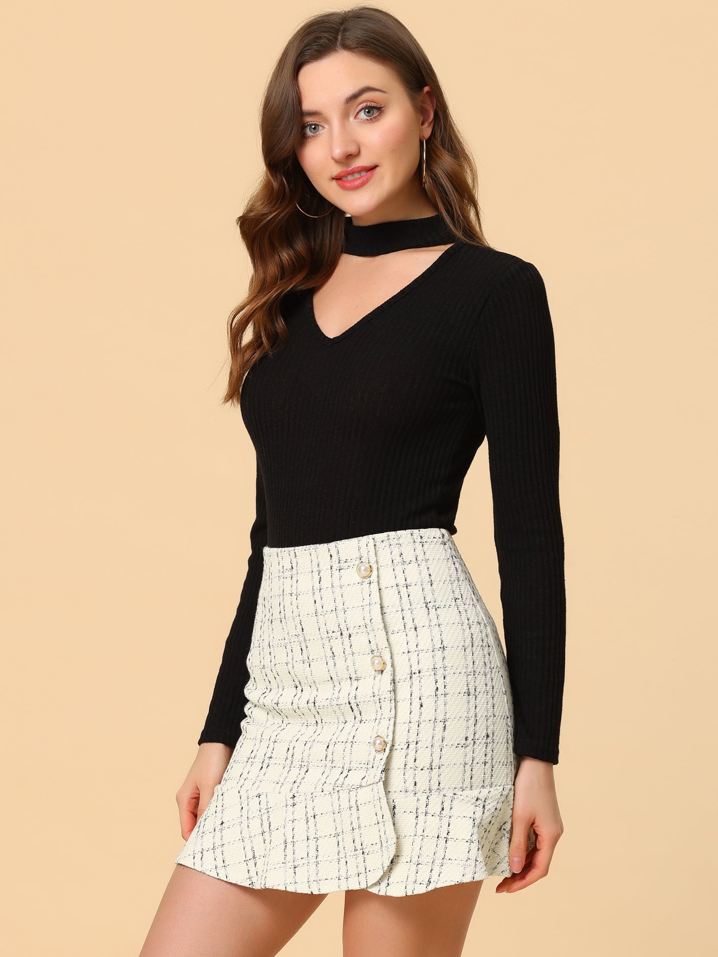 Faldas a cuadros para mujer, minifalda de tweed con botones y dobladillo con volantes