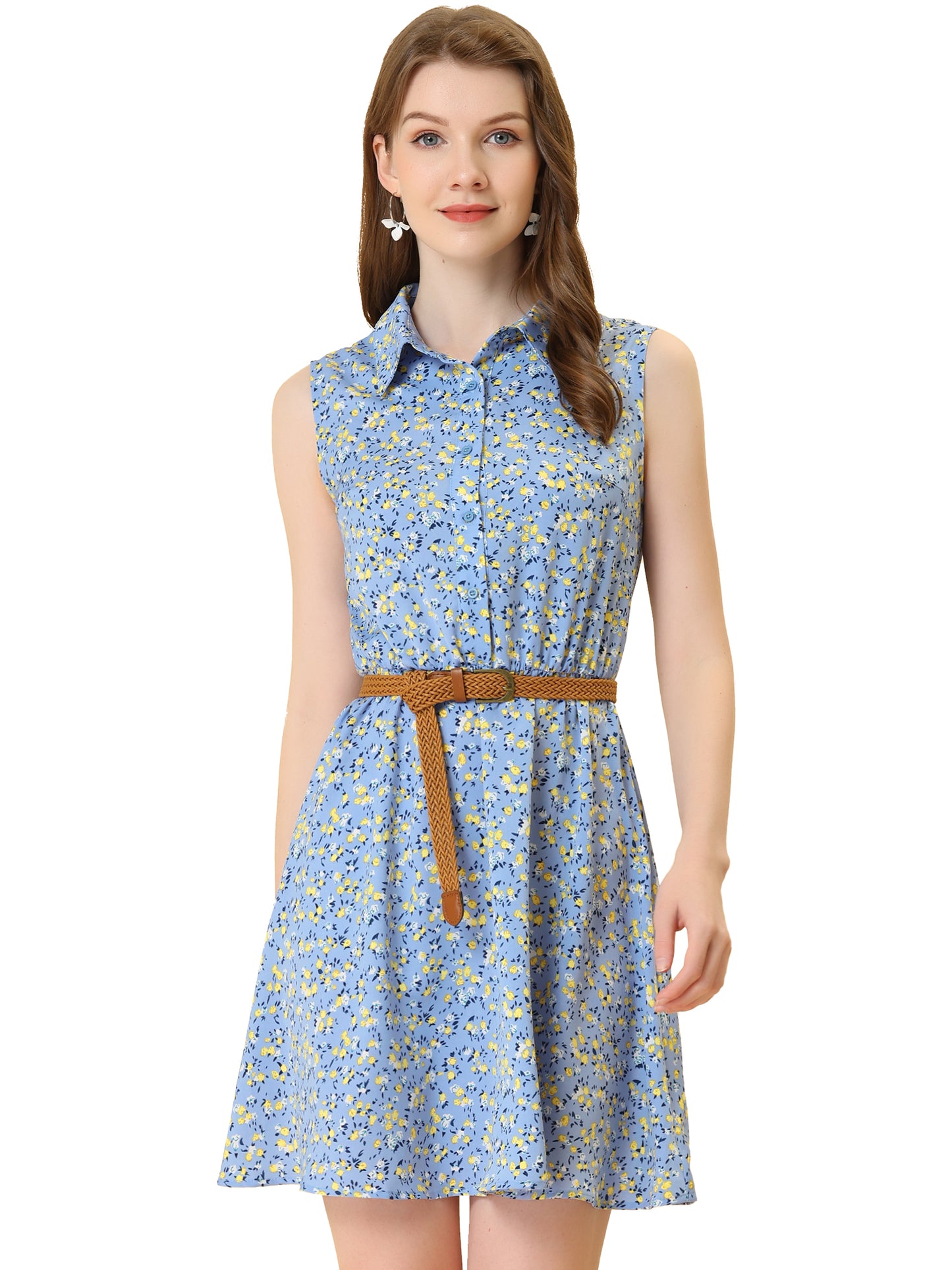 Women's Floral Printed Half Placket Above Knee Summer Sleeveless Belted Dress