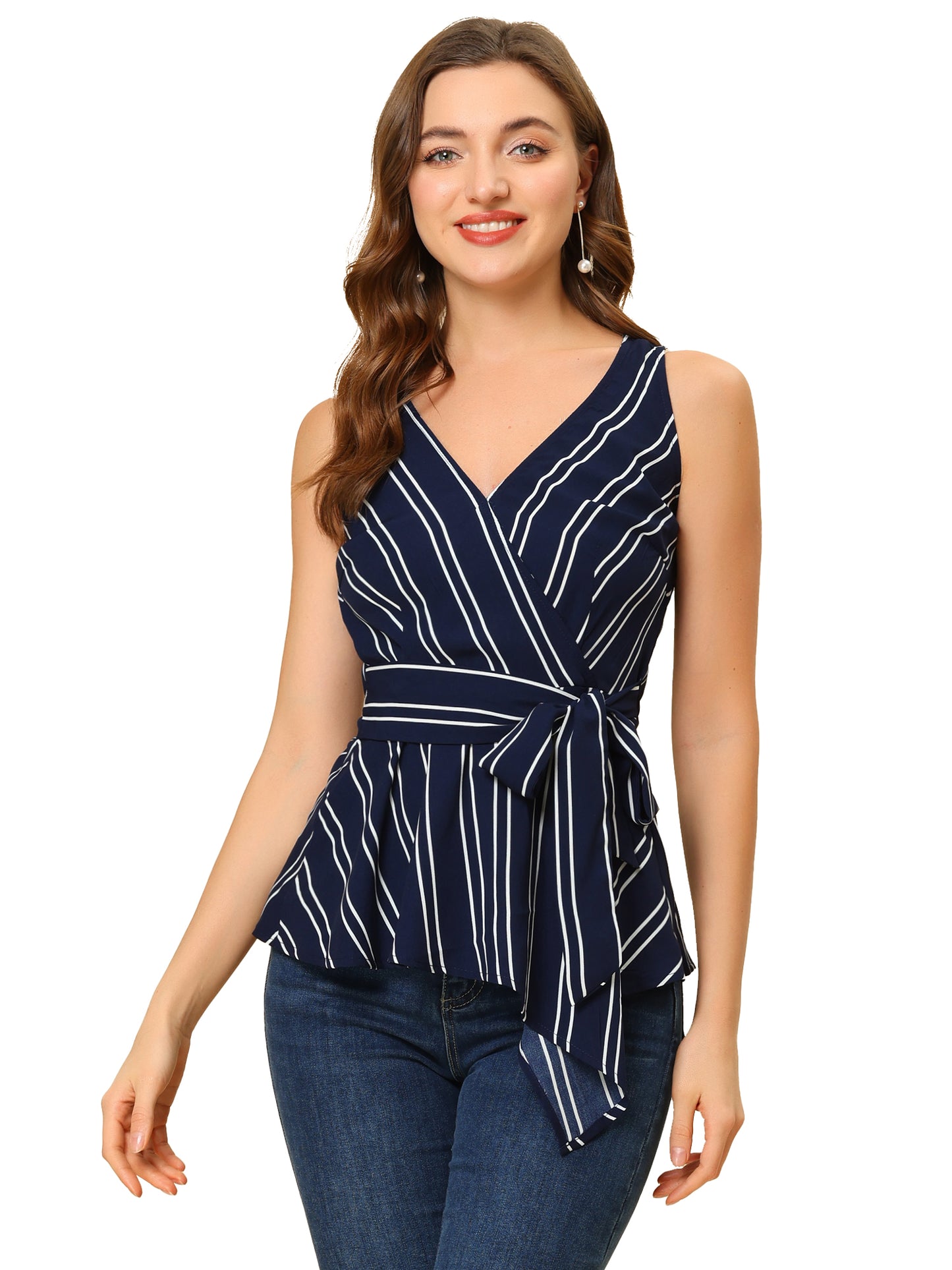 Women's Sleeveless V Neck Tie Waist Asymmetric Hem Wrap Peplum Top