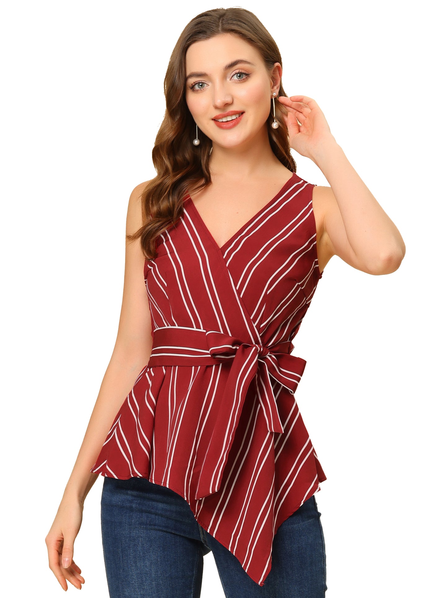 Women's Sleeveless V Neck Tie Waist Asymmetric Hem Wrap Peplum Top