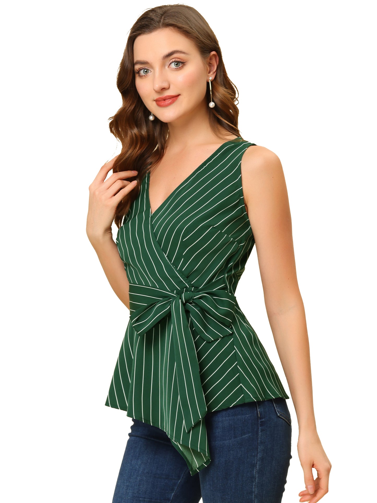 Women's Sleeveless V Neck Tie Waist Asymmetric Hem Wrap Peplum Top