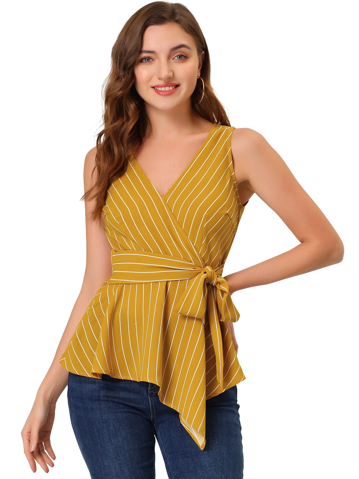 Women's Sleeveless V Neck Tie Waist Asymmetric Hem Wrap Peplum Top