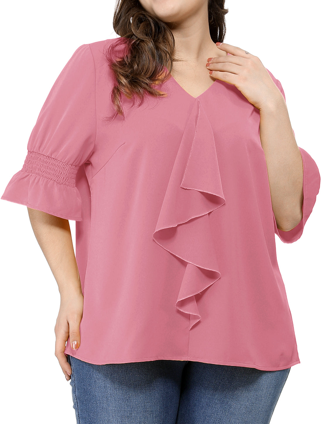 Women's Plus Size Ruffle Blouse V Neck Smocked Sleeves Top