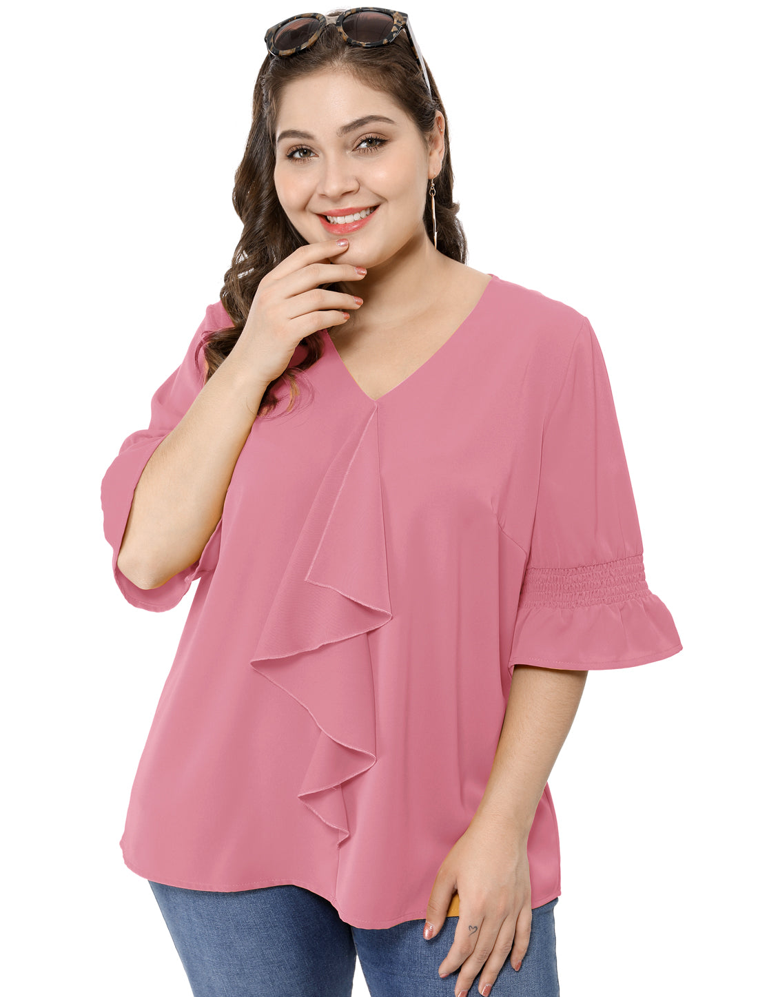 Women's Plus Size Ruffle Blouse V Neck Smocked Sleeves Top