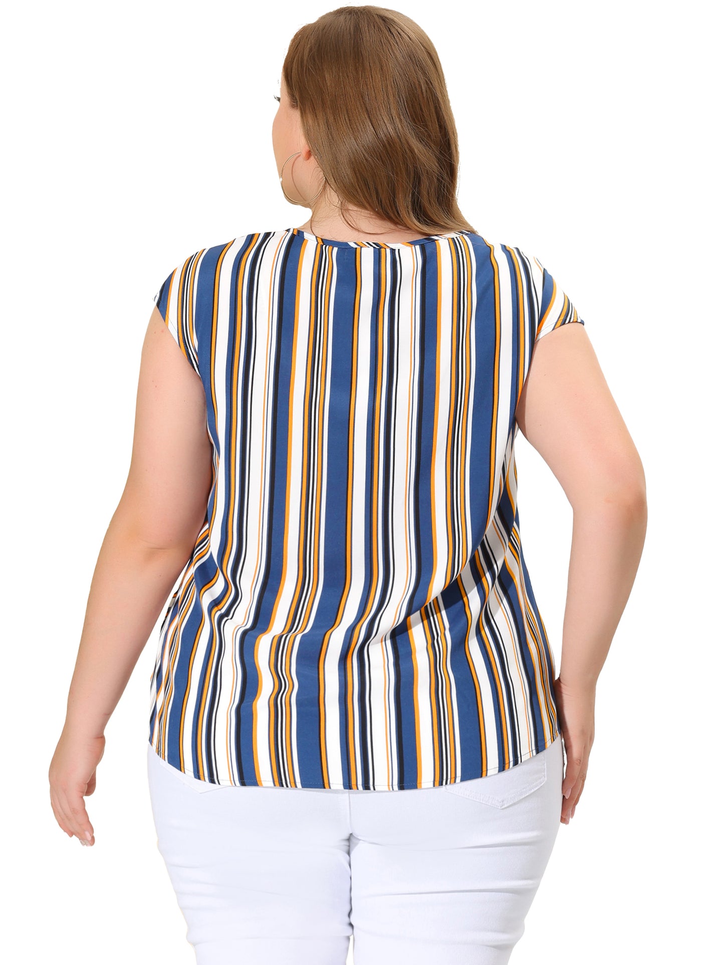 Women Plus Size Boho Top Keyhole Neck Cap Sleeves Striped Blouse