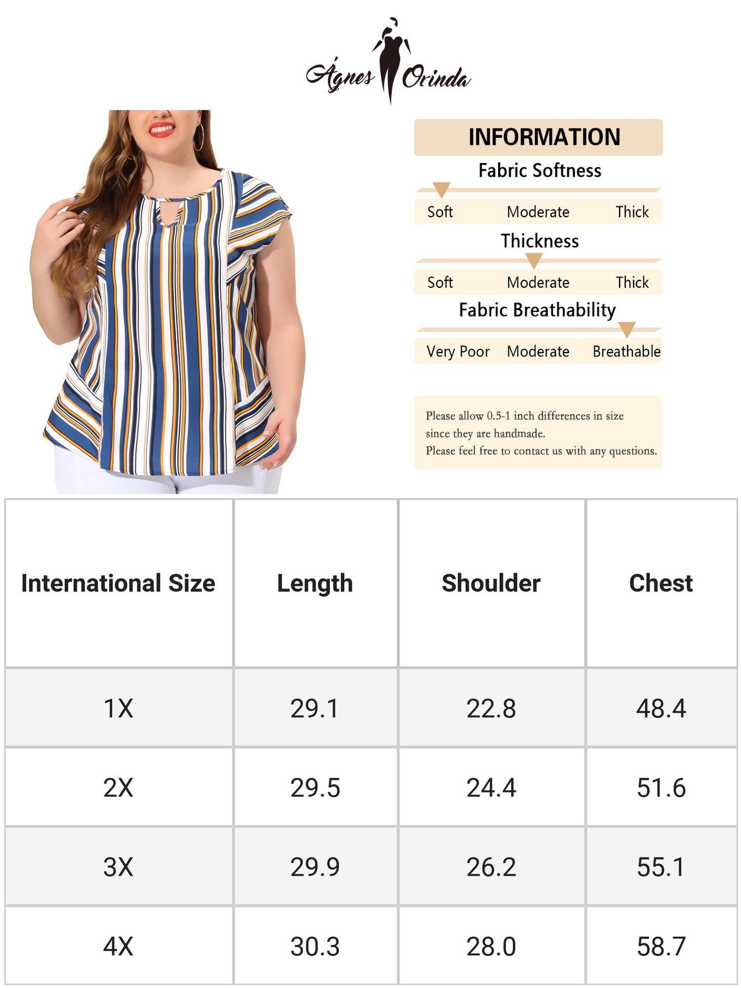 Women Plus Size Boho Top Keyhole Neck Cap Sleeves Striped Blouse