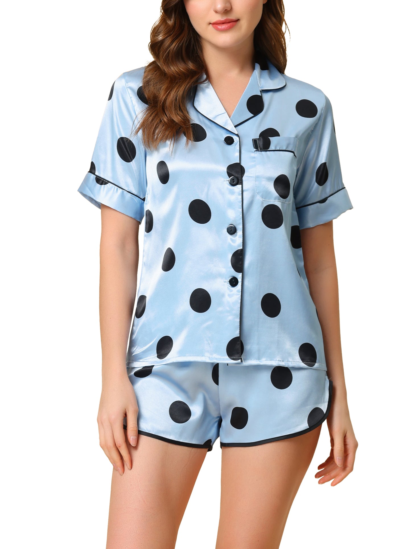 Women's Satin Polka Dots Pajamas Nightwear Sleepwear Top with Shorts Lounge PJ Set
