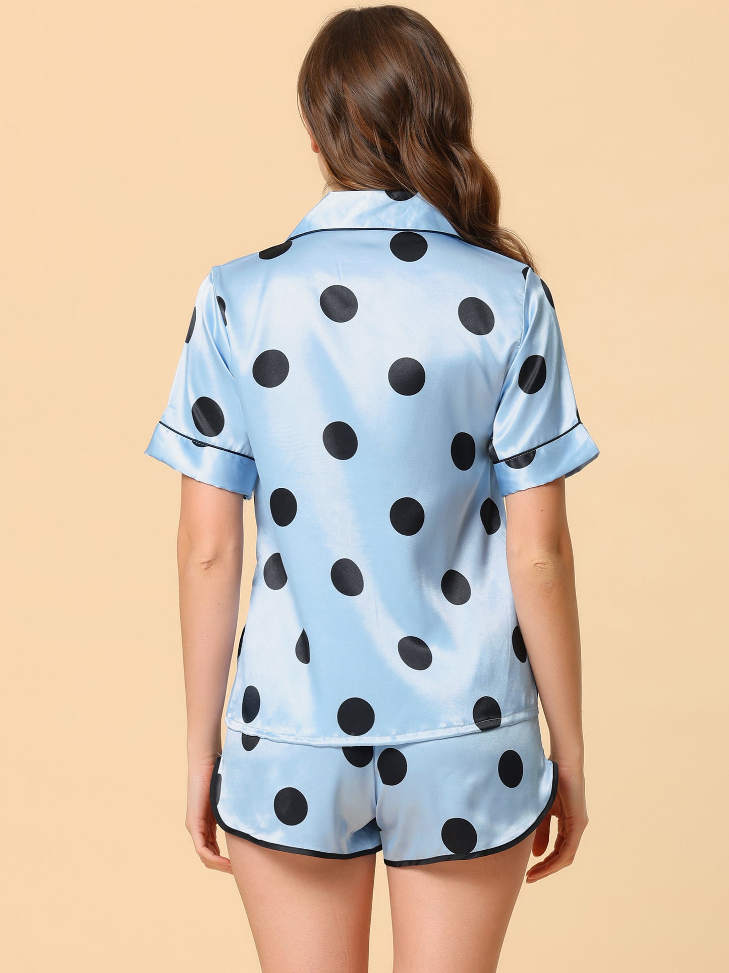Women's Satin Polka Dots Pajamas Nightwear Sleepwear Top with Shorts Lounge PJ Set