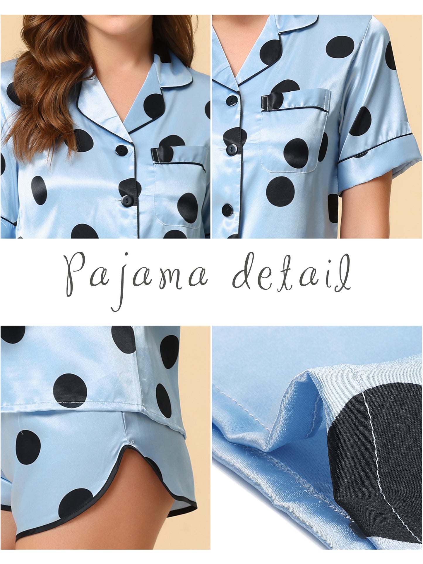 Women's Satin Polka Dots Pajamas Nightwear Sleepwear Top with Shorts Lounge PJ Set