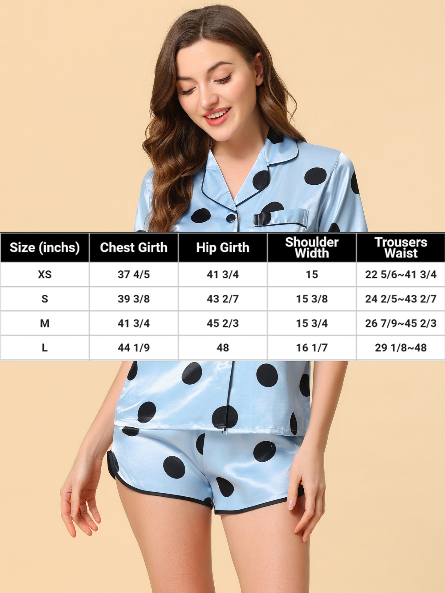 Women's Satin Polka Dots Pajamas Nightwear Sleepwear Top with Shorts Lounge PJ Set
