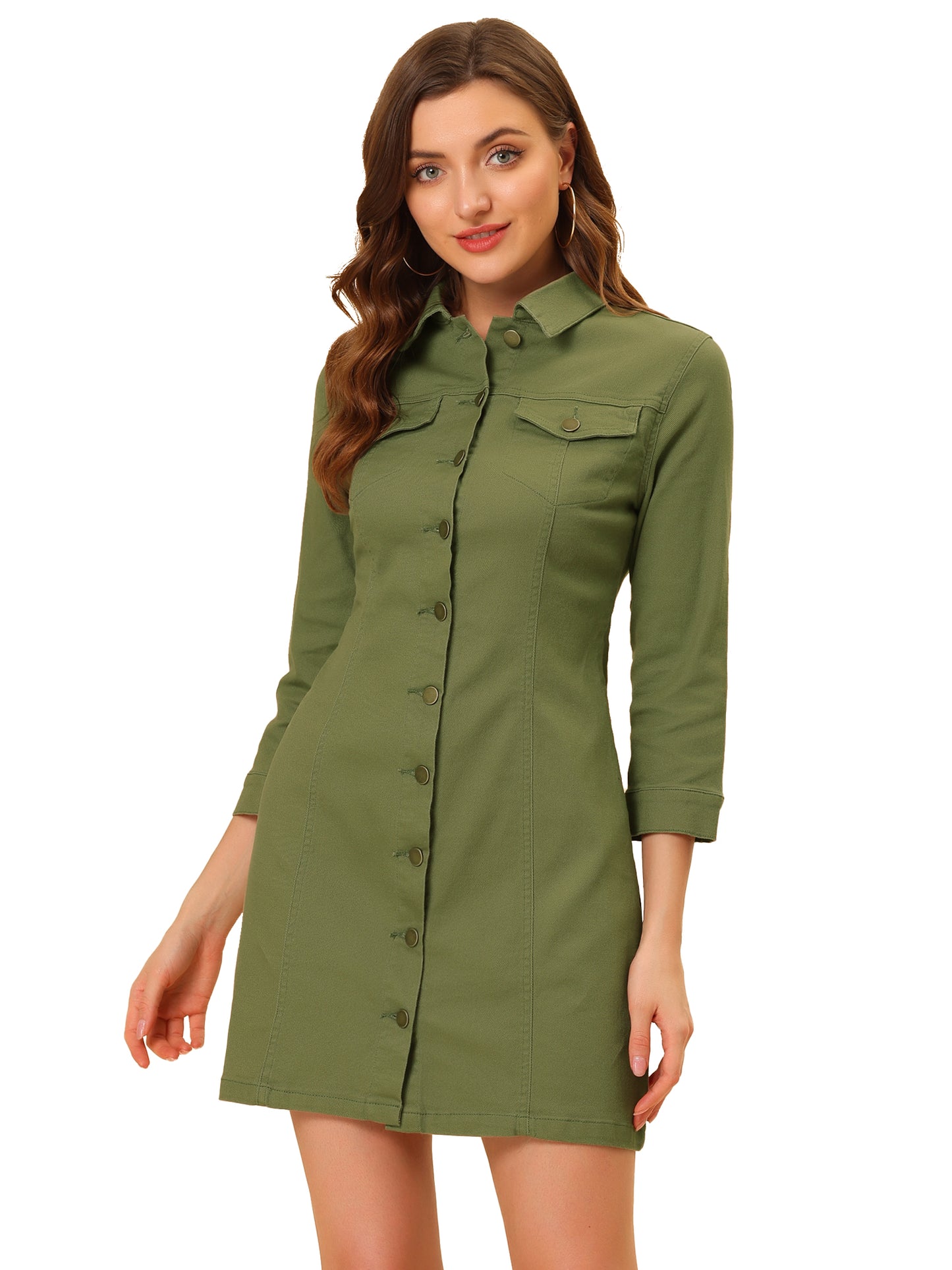 Women's 3/4 Sleeve Button Down Denim Shirt Dress