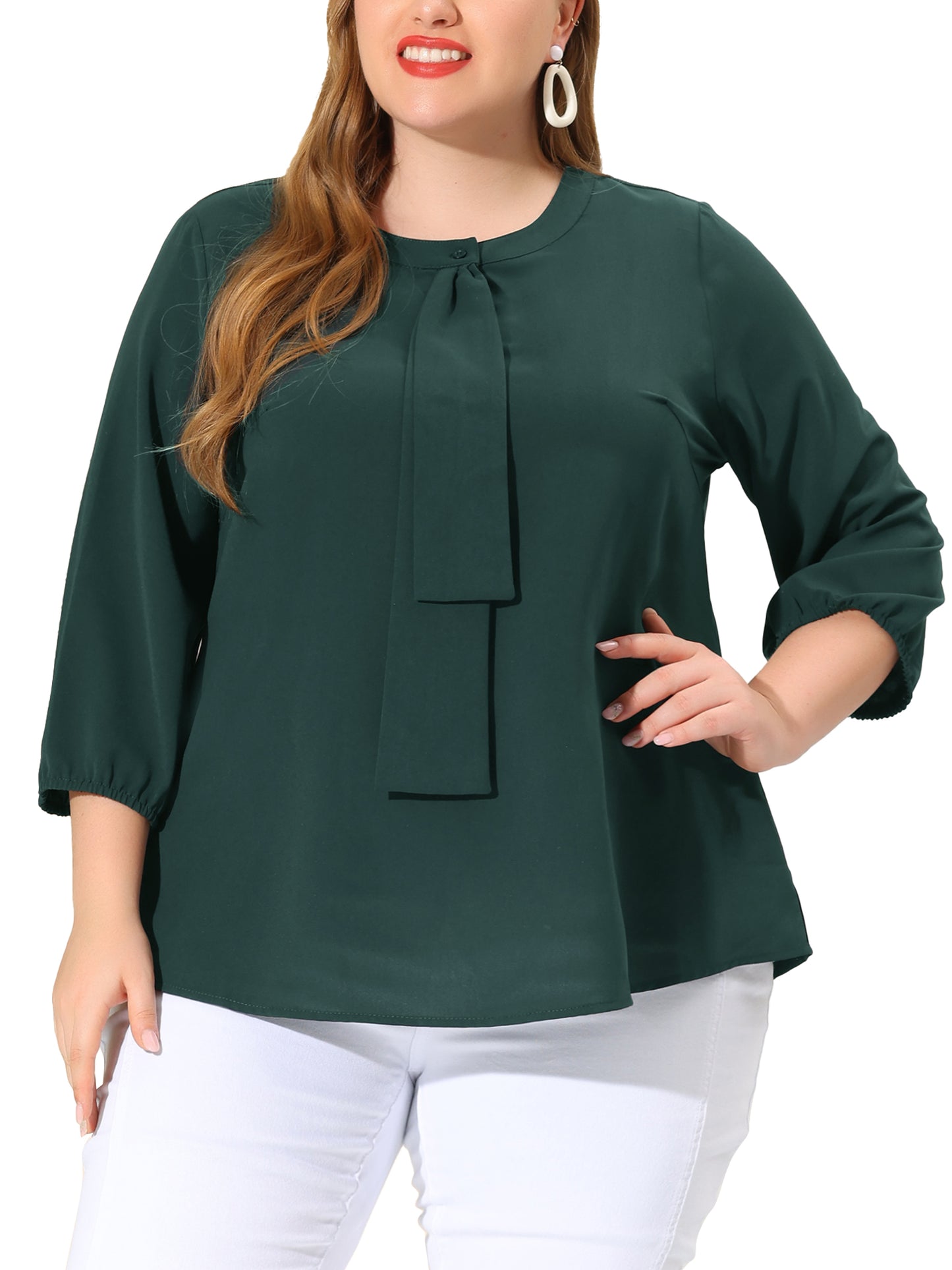 Women Plus Size Top 3/4 Sleeve Work Office Tie Front Ruffle Chiffon Blouse