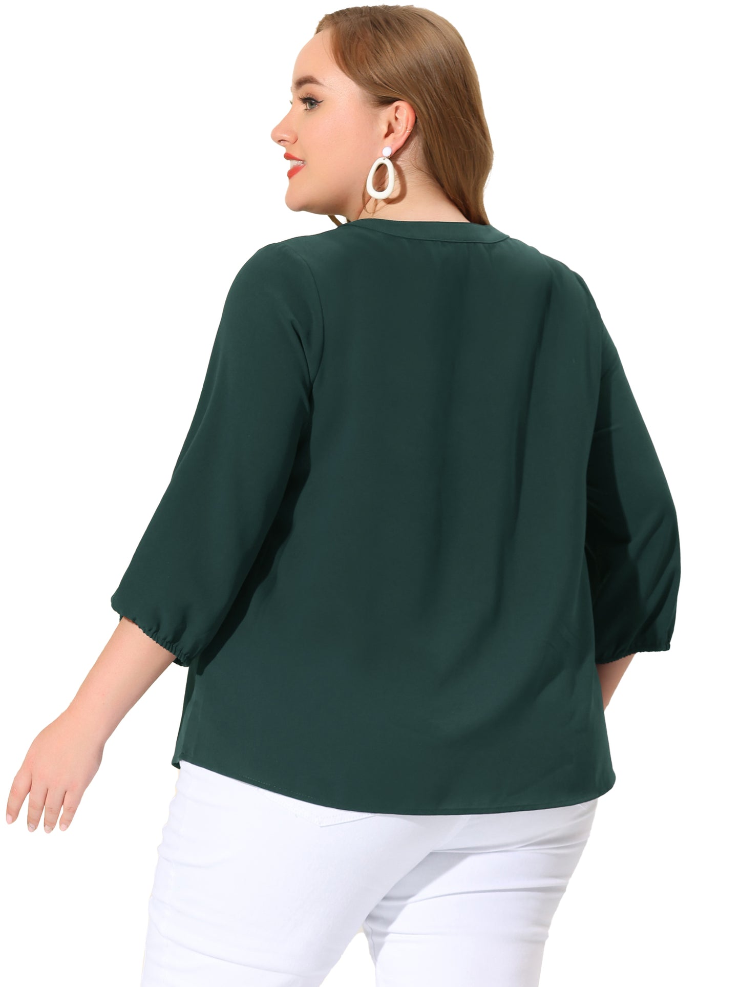 Women Plus Size Top 3/4 Sleeve Work Office Tie Front Ruffle Chiffon Blouse