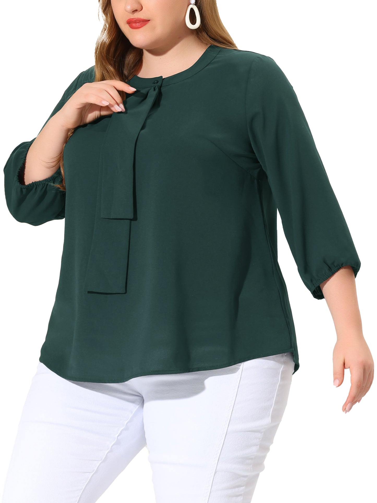 Women Plus Size Top 3/4 Sleeve Work Office Tie Front Ruffle Chiffon Blouse