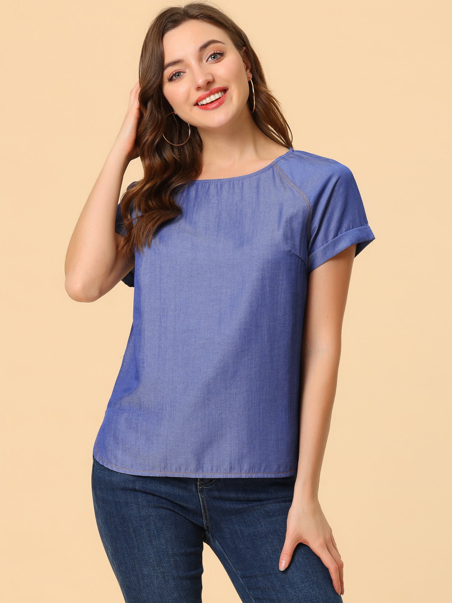 Women's Chambray Side Slit Raglan Short Sleeve Top