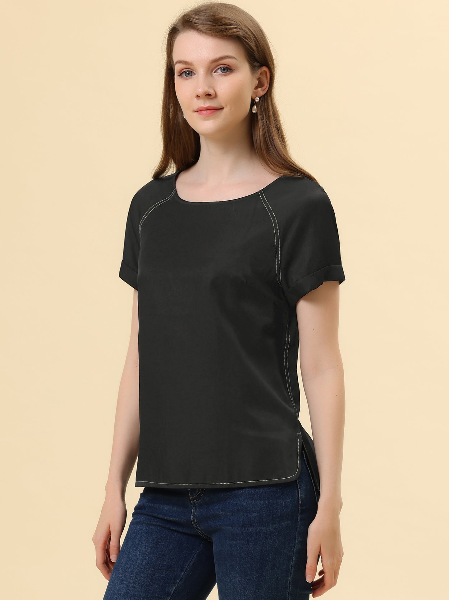 Women's Chambray Side Slit Raglan Short Sleeve Top