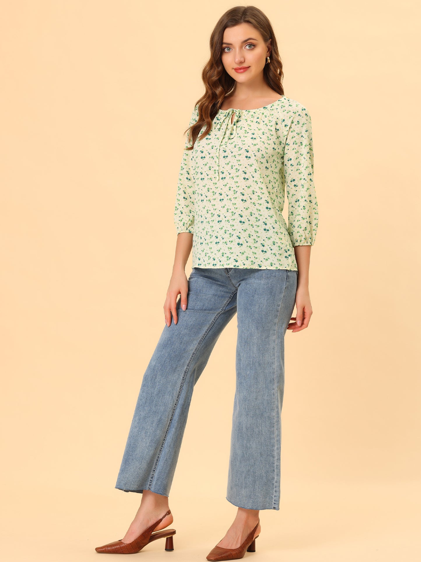 Women Floral Print 3/4 Raglan Sleeve Drawstring Round Neck Blouse