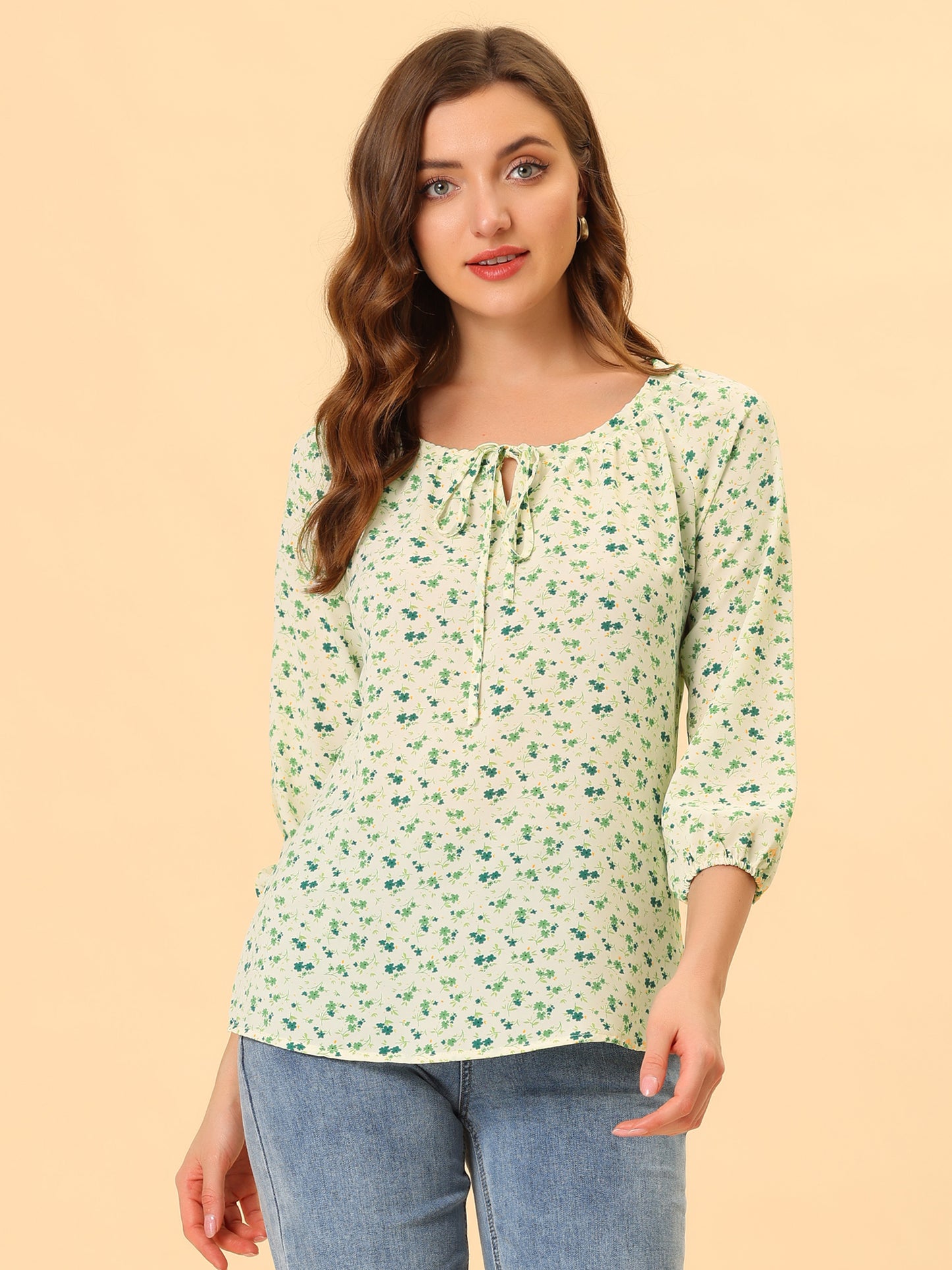 Women Floral Print 3/4 Raglan Sleeve Drawstring Round Neck Blouse