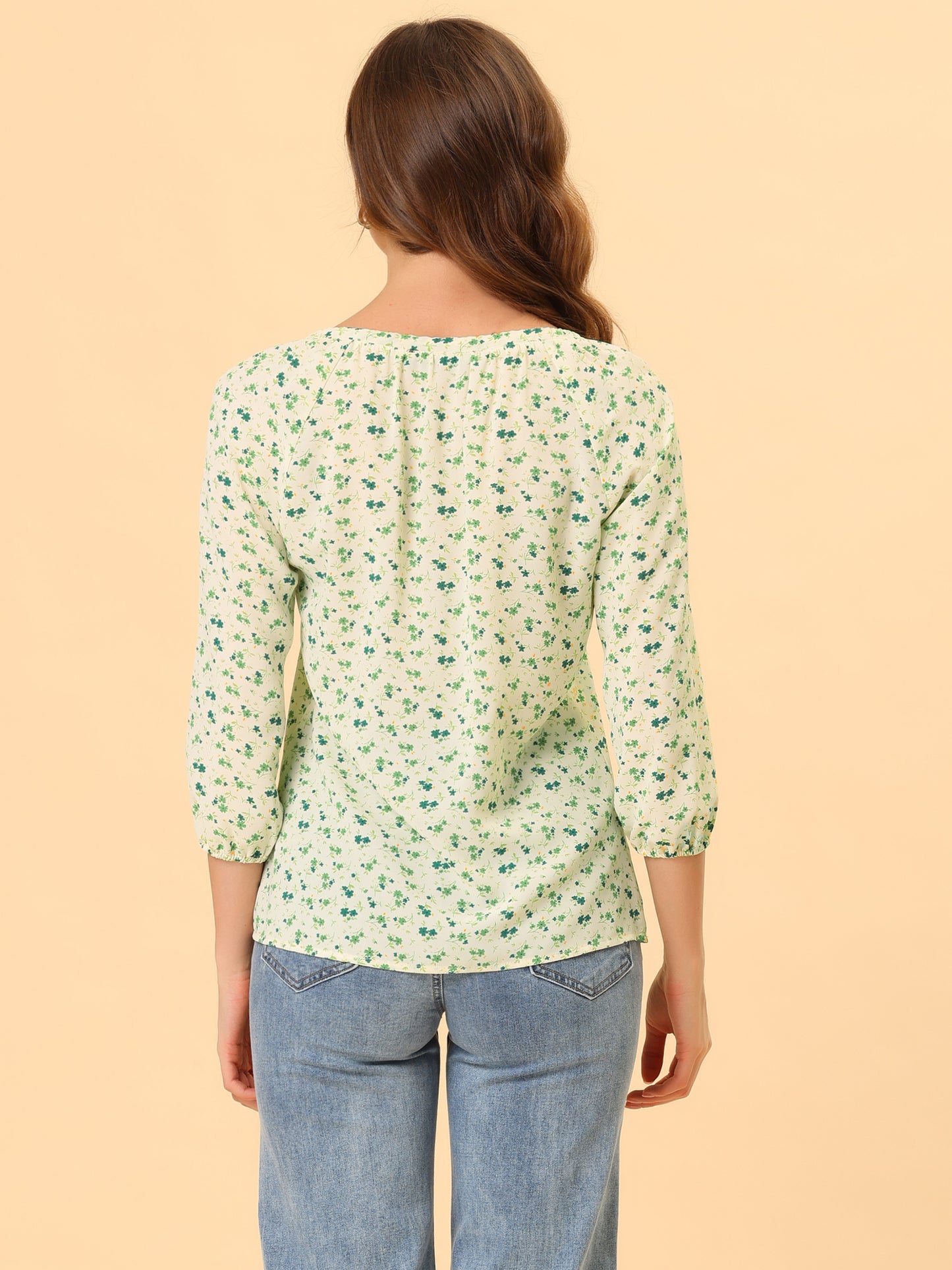 Women Floral Print 3/4 Raglan Sleeve Drawstring Round Neck Blouse