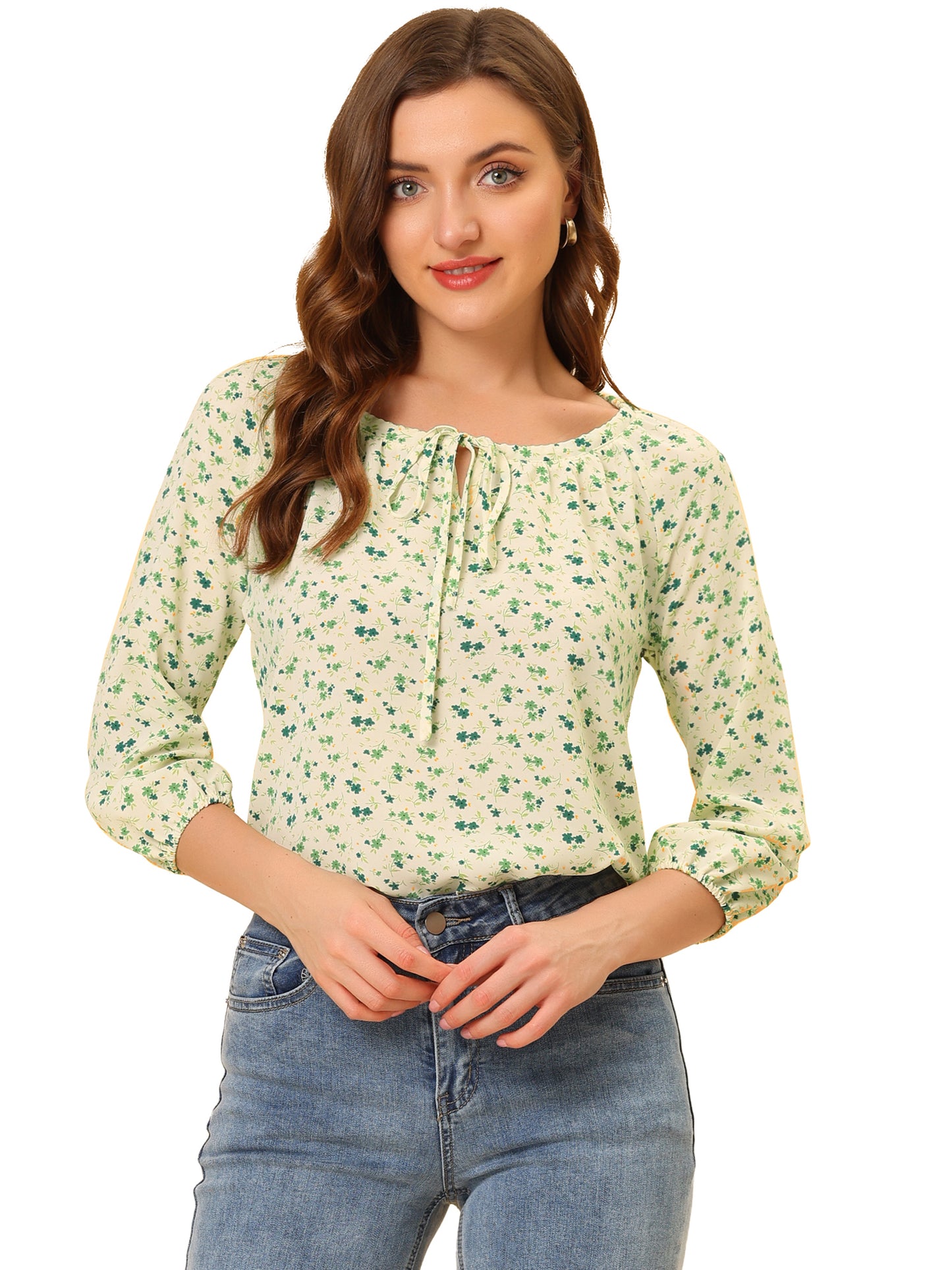 Women Floral Print 3/4 Raglan Sleeve Drawstring Round Neck Blouse