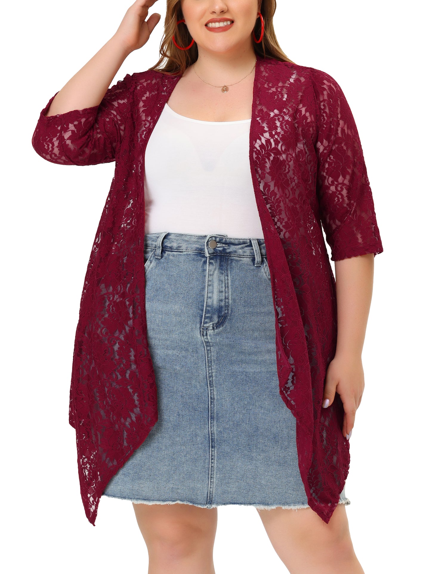 Women Plus Size Cardigans Open Front 3/4 Sleeves Crochet Cover Ups