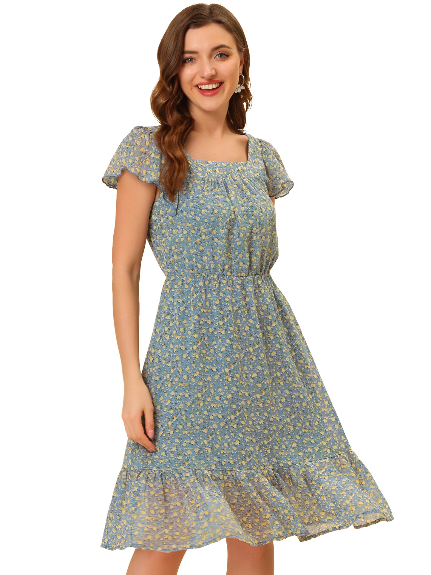 Women's Midi Floral Chiffon Dress Flutter Sleeve Belted Square Neck Ruffled Dress (Available in Plus Size)
