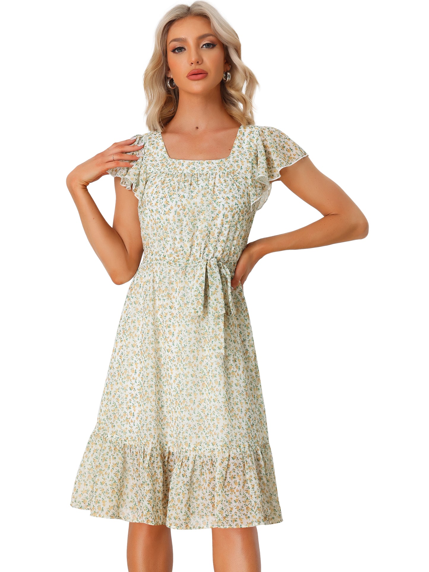 Women's Midi Floral Chiffon Dress Flutter Sleeve Belted Square Neck Ruffled Dress (Available in Plus Size)