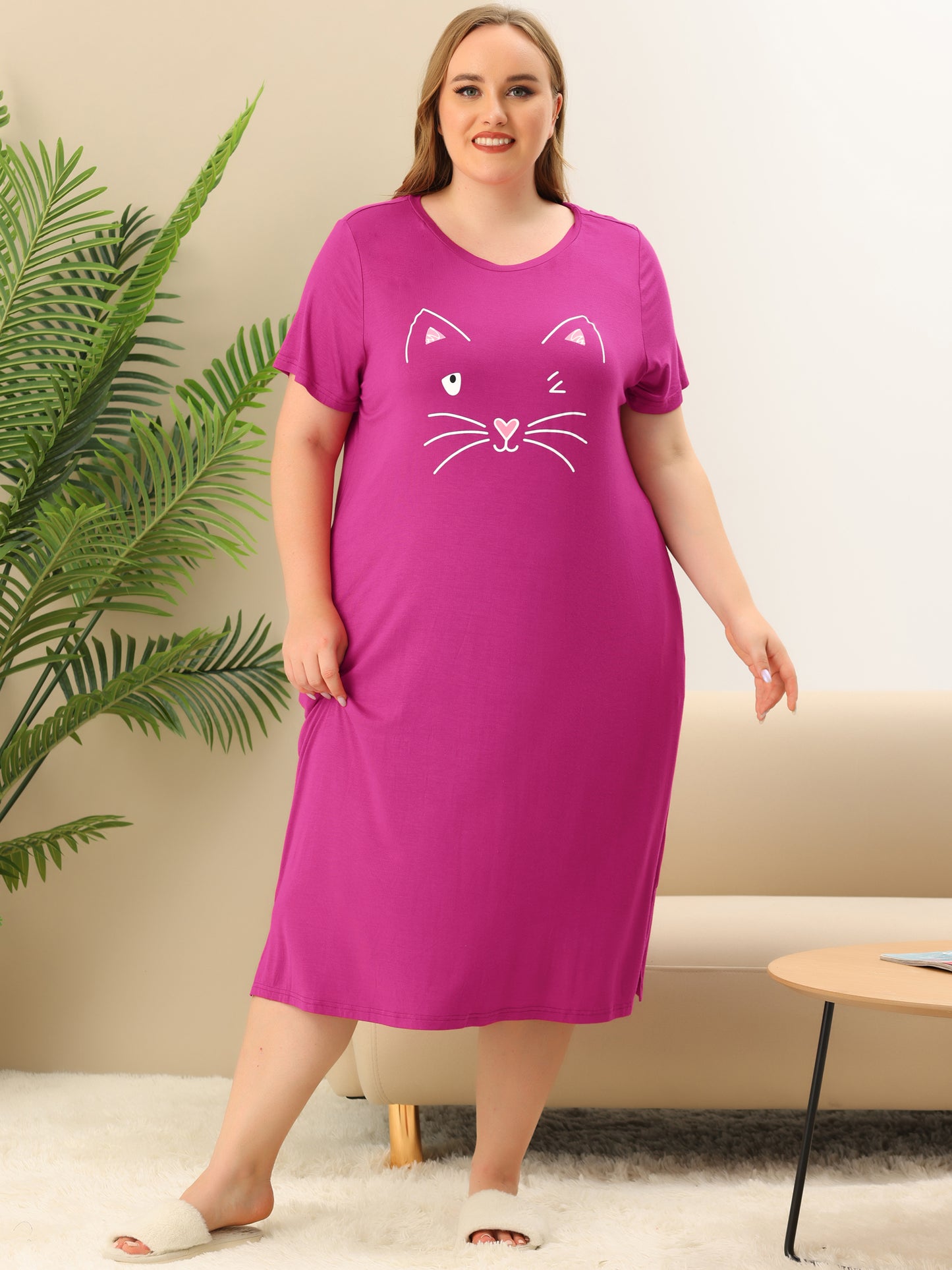 Women's Plus Size Nightgowns Pajama Dress Cute Cat Loose Loungewear with Pockets