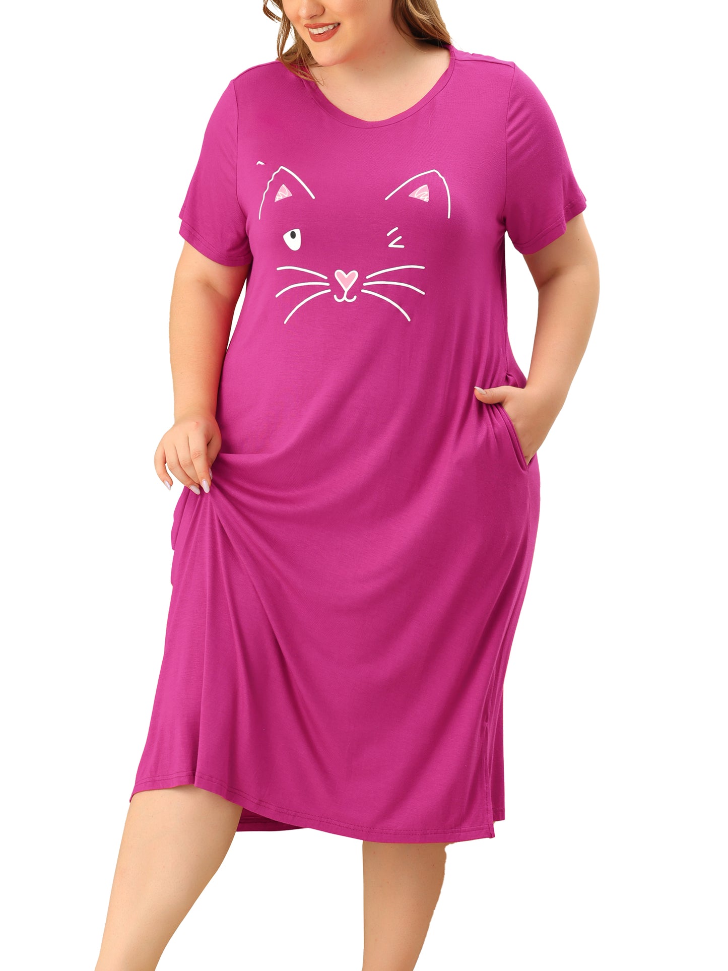 Women's Plus Size Nightgowns Pajama Dress Cute Cat Loose Loungewear with Pockets