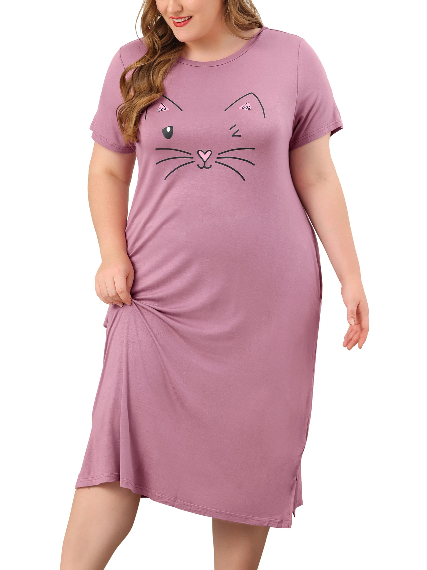 Women's Plus Size Nightgowns Pajama Dress Cute Cat Loose Loungewear with Pockets