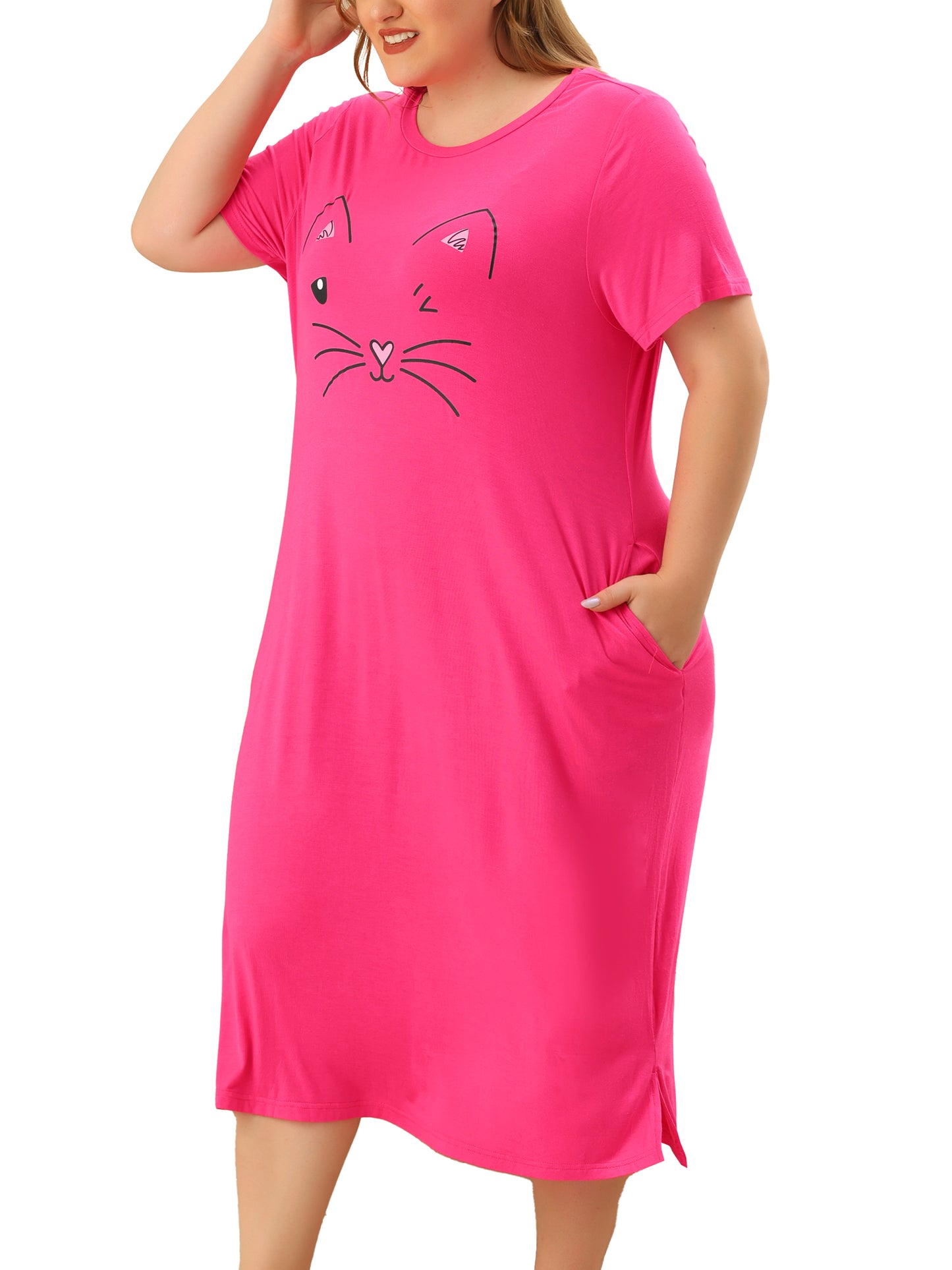 Camisón de talla grande para mujer, vestido de pijama holgado con bonito gato y bolsillos