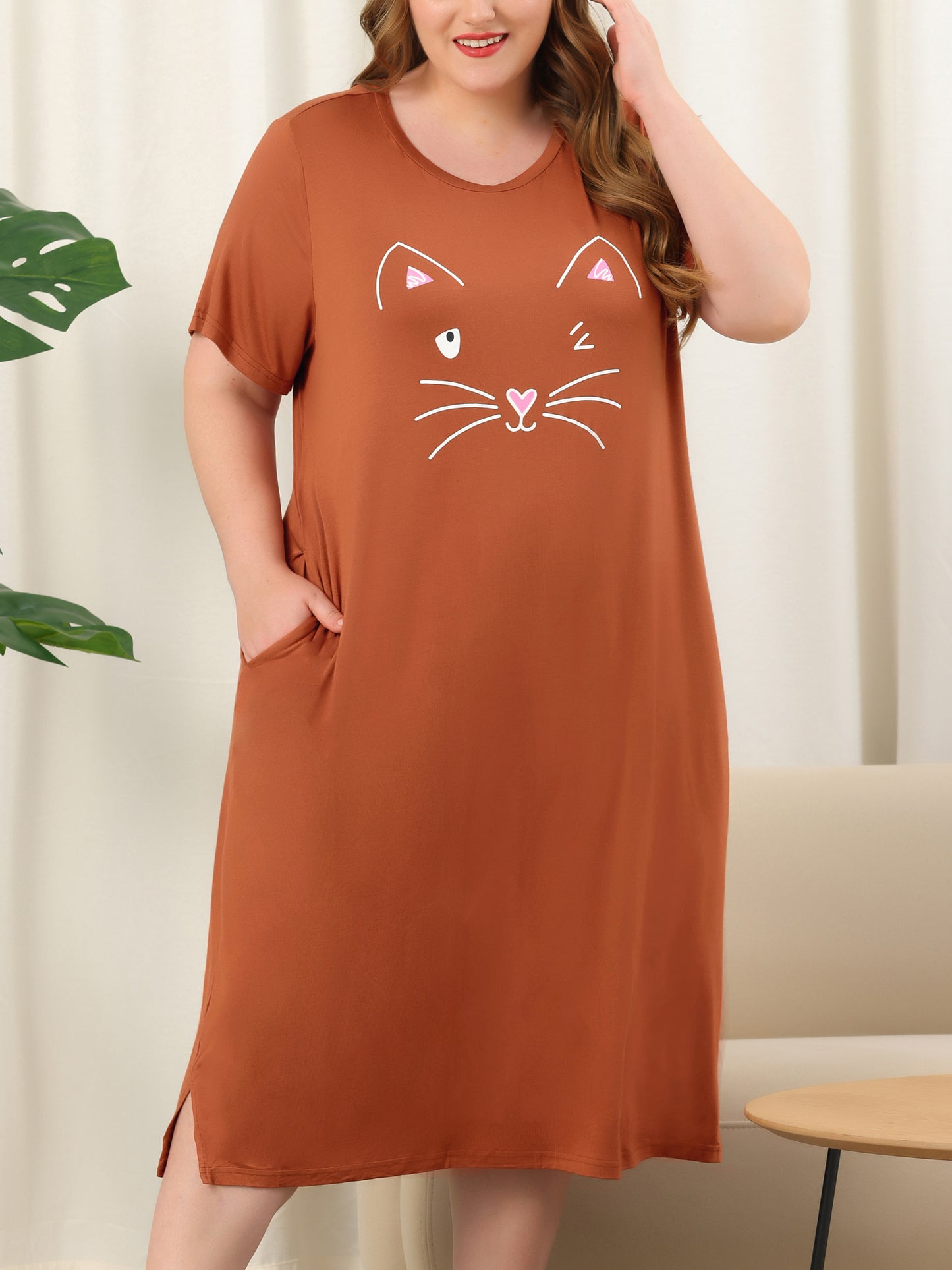 Camisón de talla grande para mujer, vestido de pijama holgado con bonito gato y bolsillos