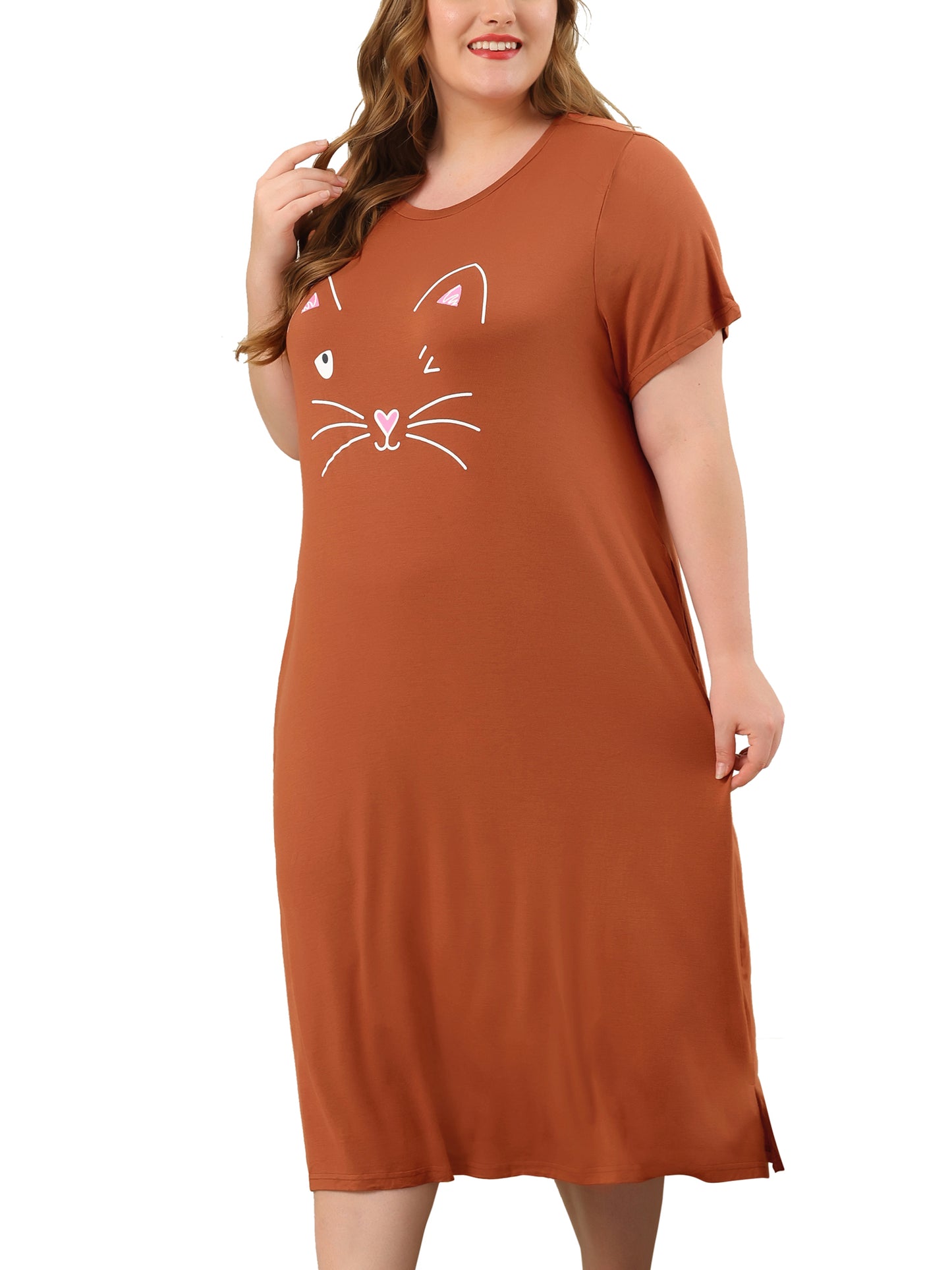 Camisón de talla grande para mujer, vestido de pijama holgado con bonito gato y bolsillos