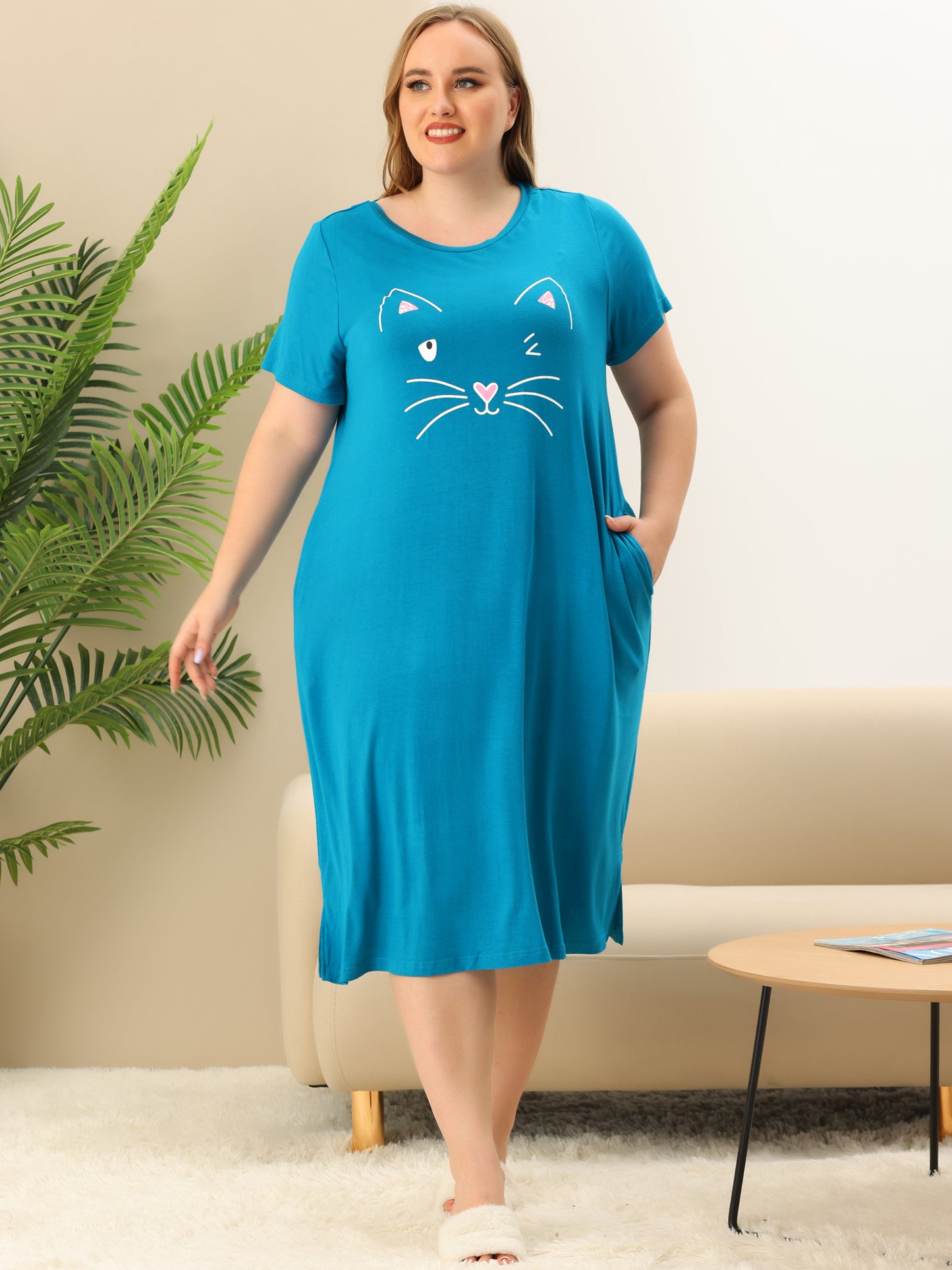 Camisón de talla grande para mujer, vestido de pijama holgado con bonito gato y bolsillos