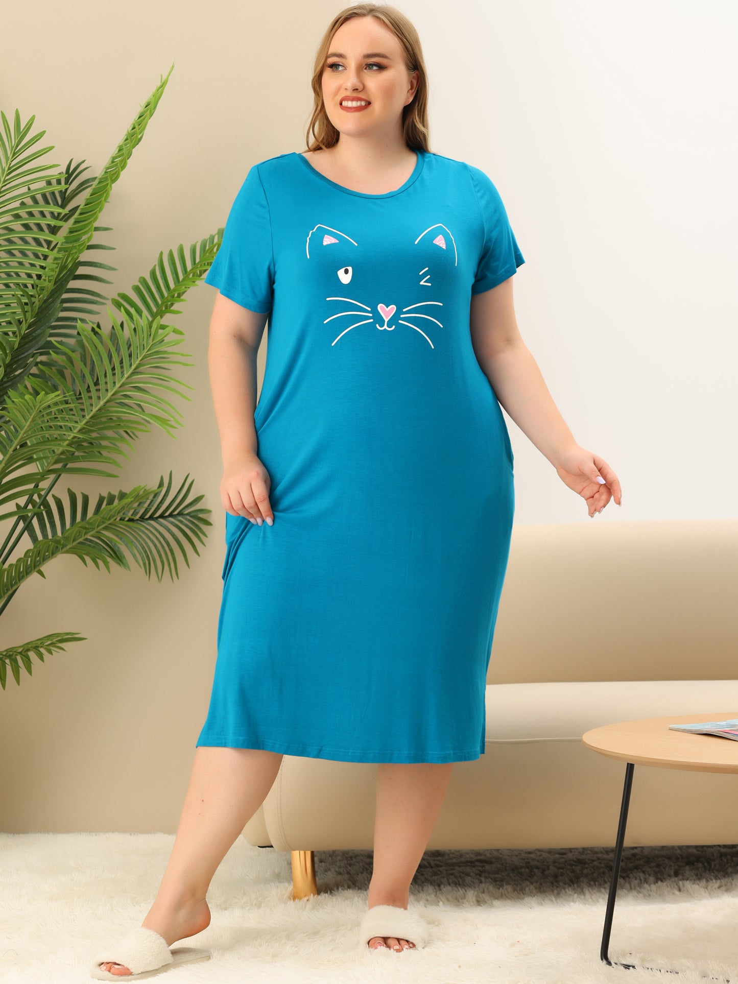 Camisón de talla grande para mujer, vestido de pijama holgado con bonito gato y bolsillos