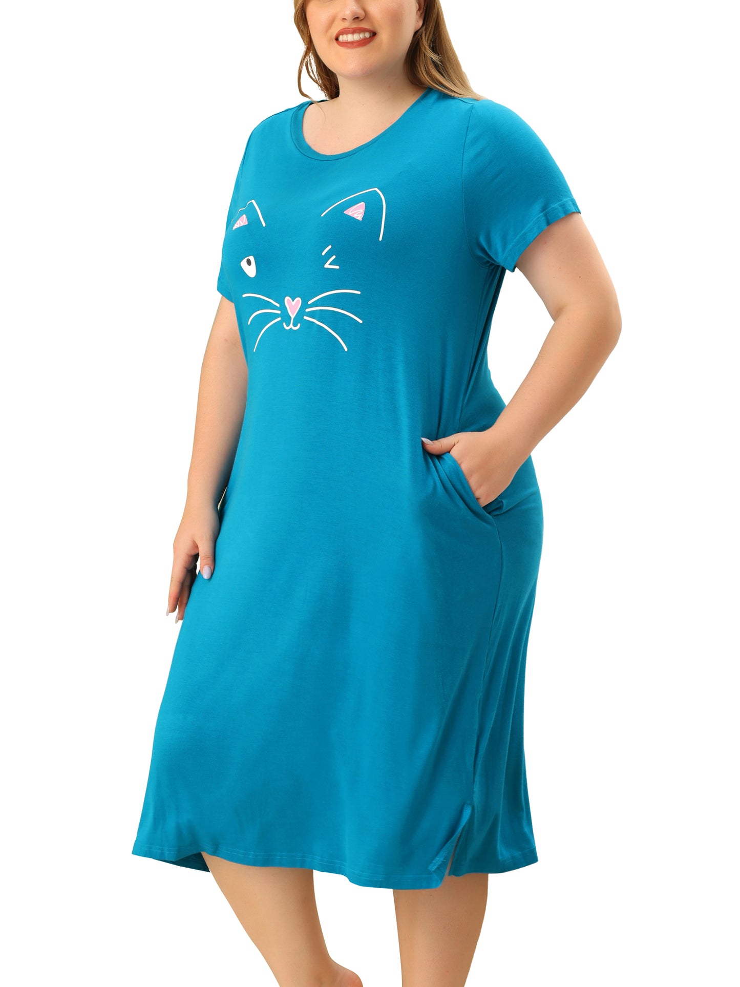 Camisón de talla grande para mujer, vestido de pijama holgado con bonito gato y bolsillos