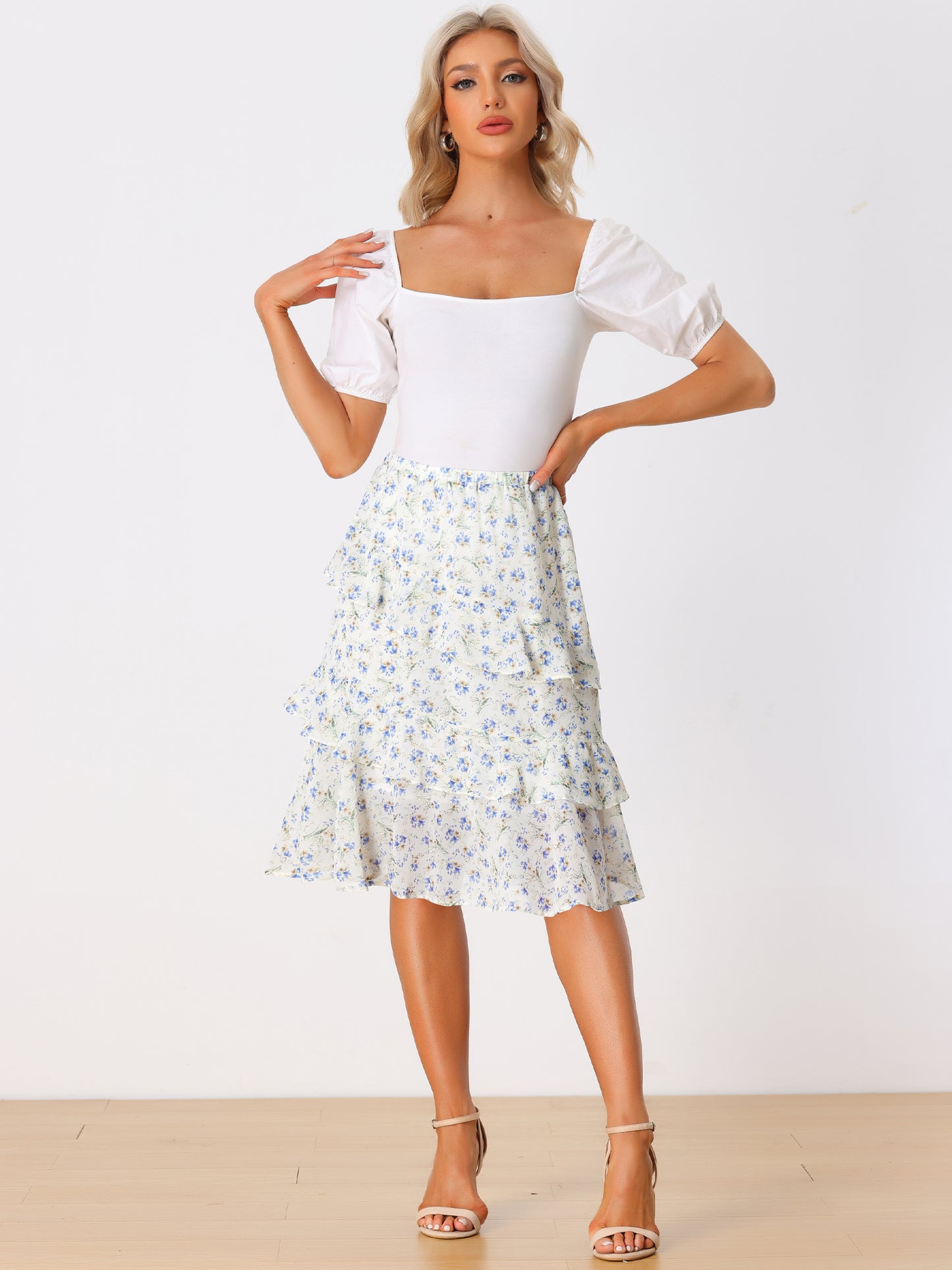 Falda midi de gasa con volantes, cintura elástica y diseño floral para mujer