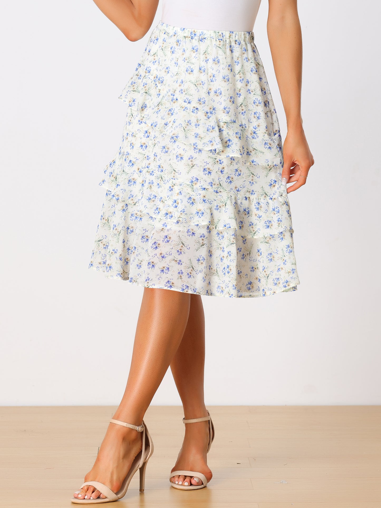 Falda midi de gasa con volantes, cintura elástica y diseño floral para mujer