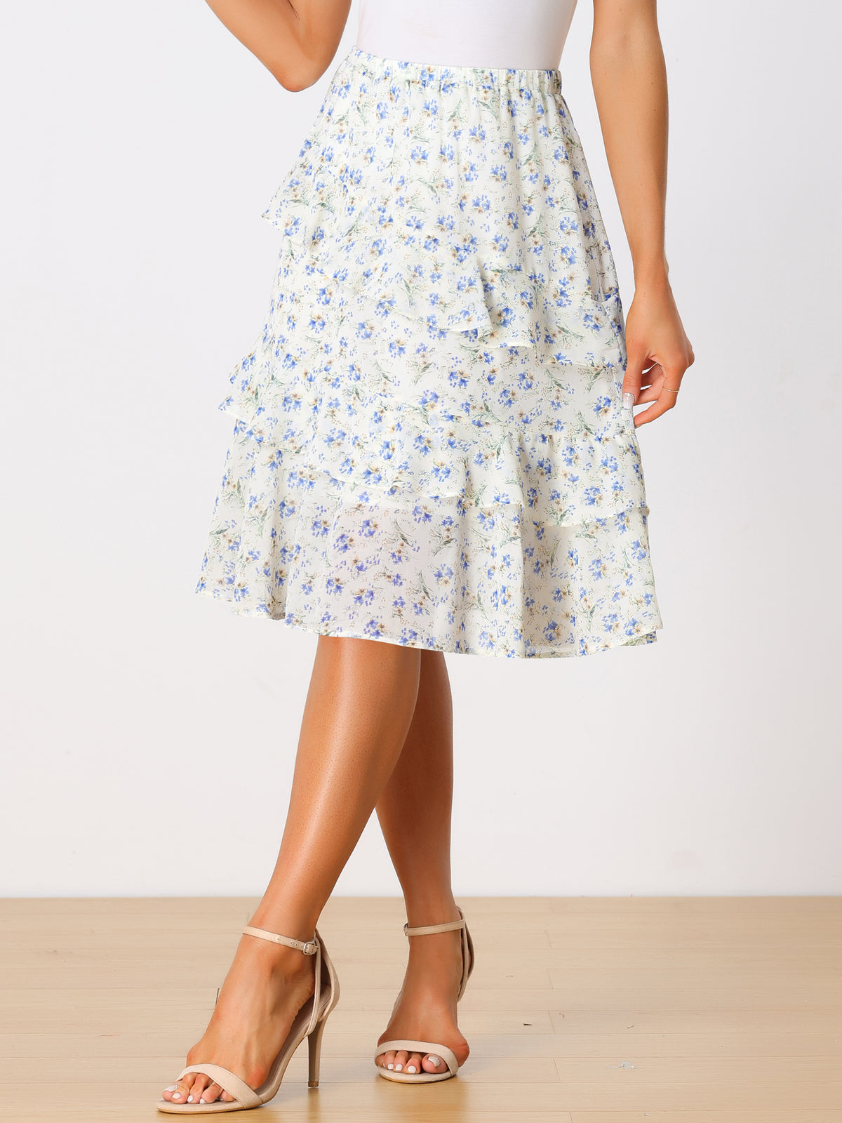 Women's Floral Layered Elastic Waist Chiffon Ruffle Midi Skirt