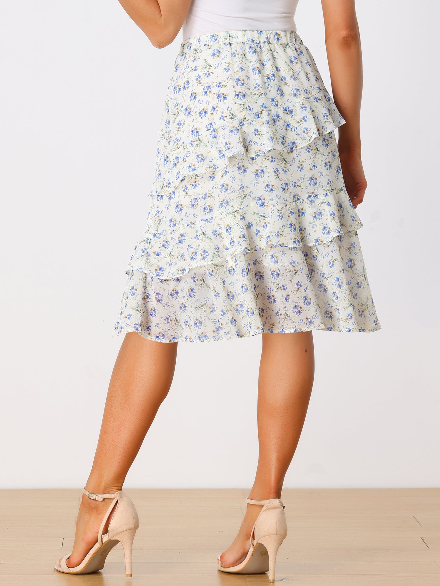 Falda midi de gasa con volantes, cintura elástica y diseño floral para mujer